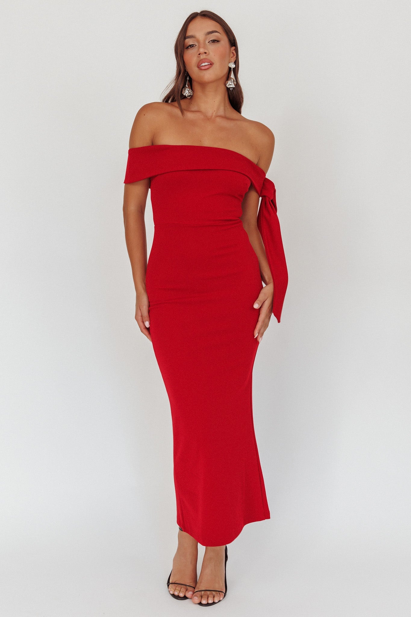 Aurora Sky Off-Shoulder Tie Maxi Dress Cherry