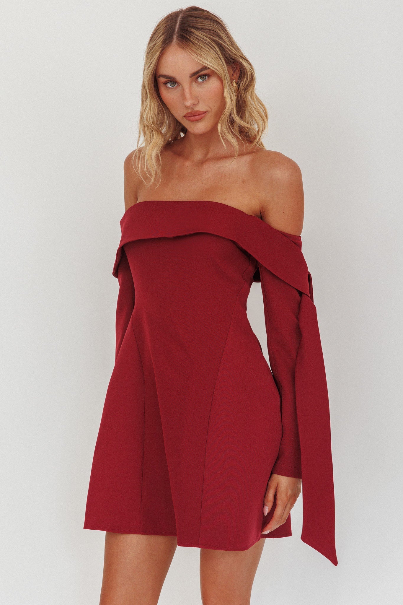Aurora Sky Off-Shoulder Tie Mini Dress Wine