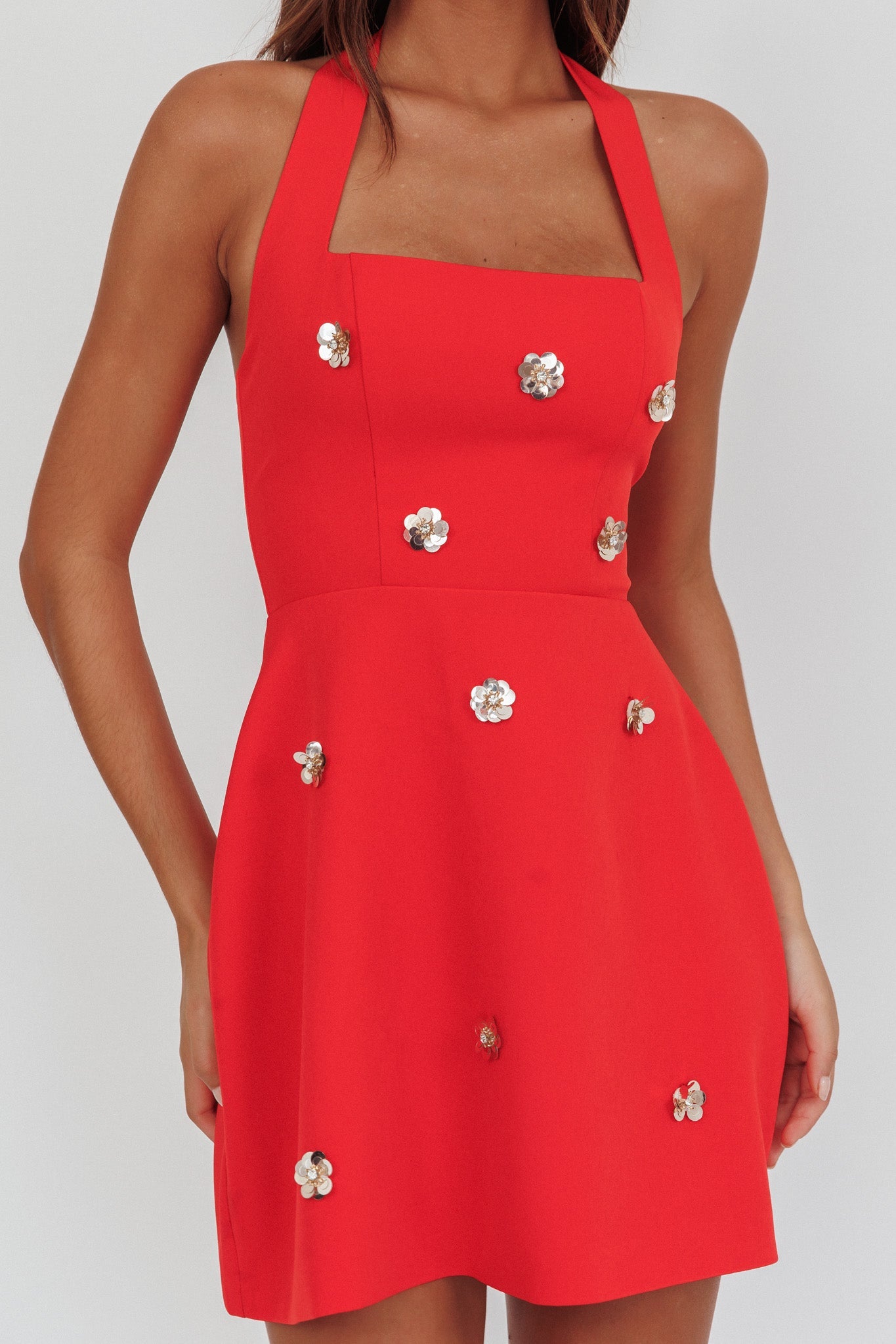 Hendrix Halterneck A-Line Mini Dress Sequin Flower Red