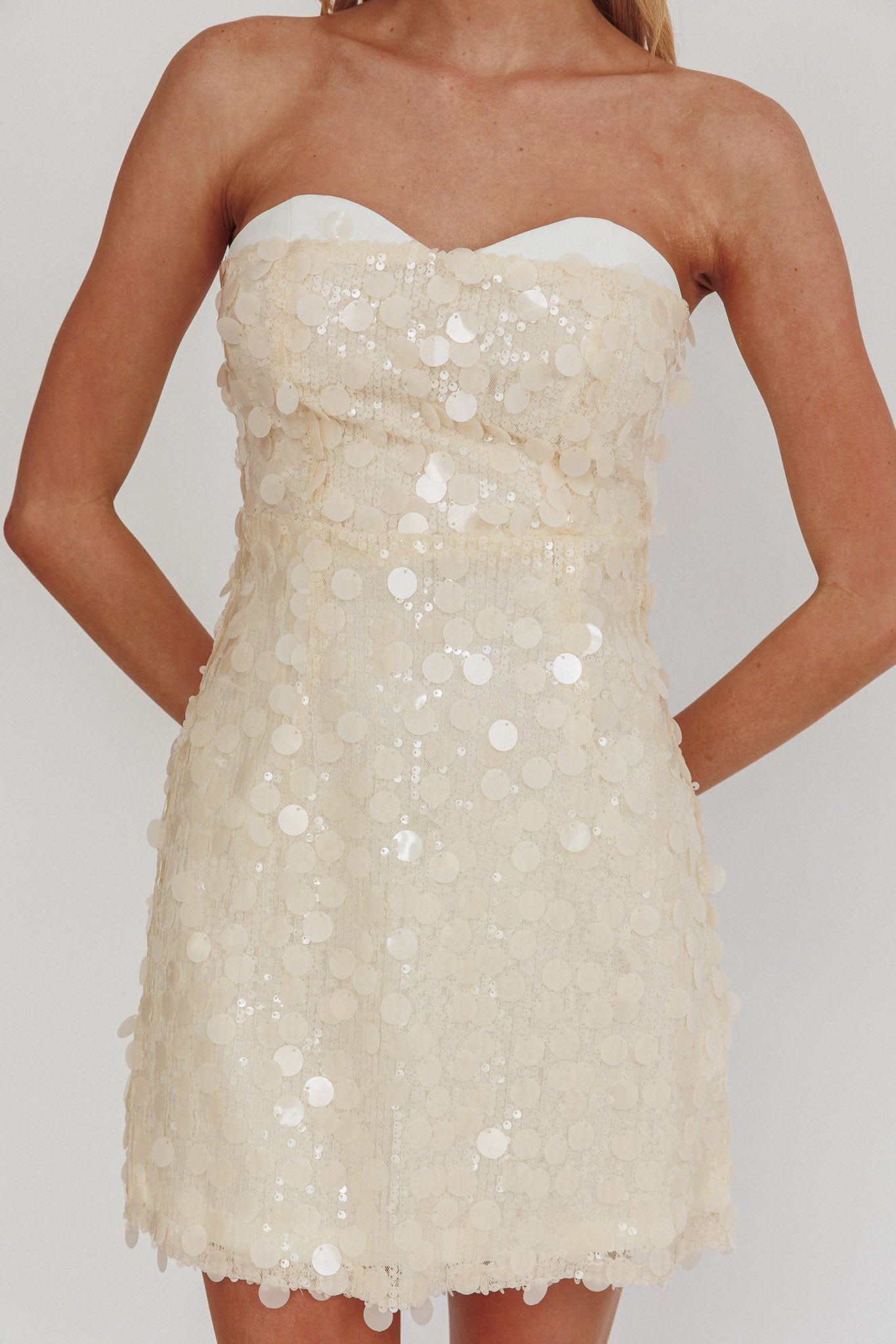 Hillara Strapless Mini Dress Sequin Cream