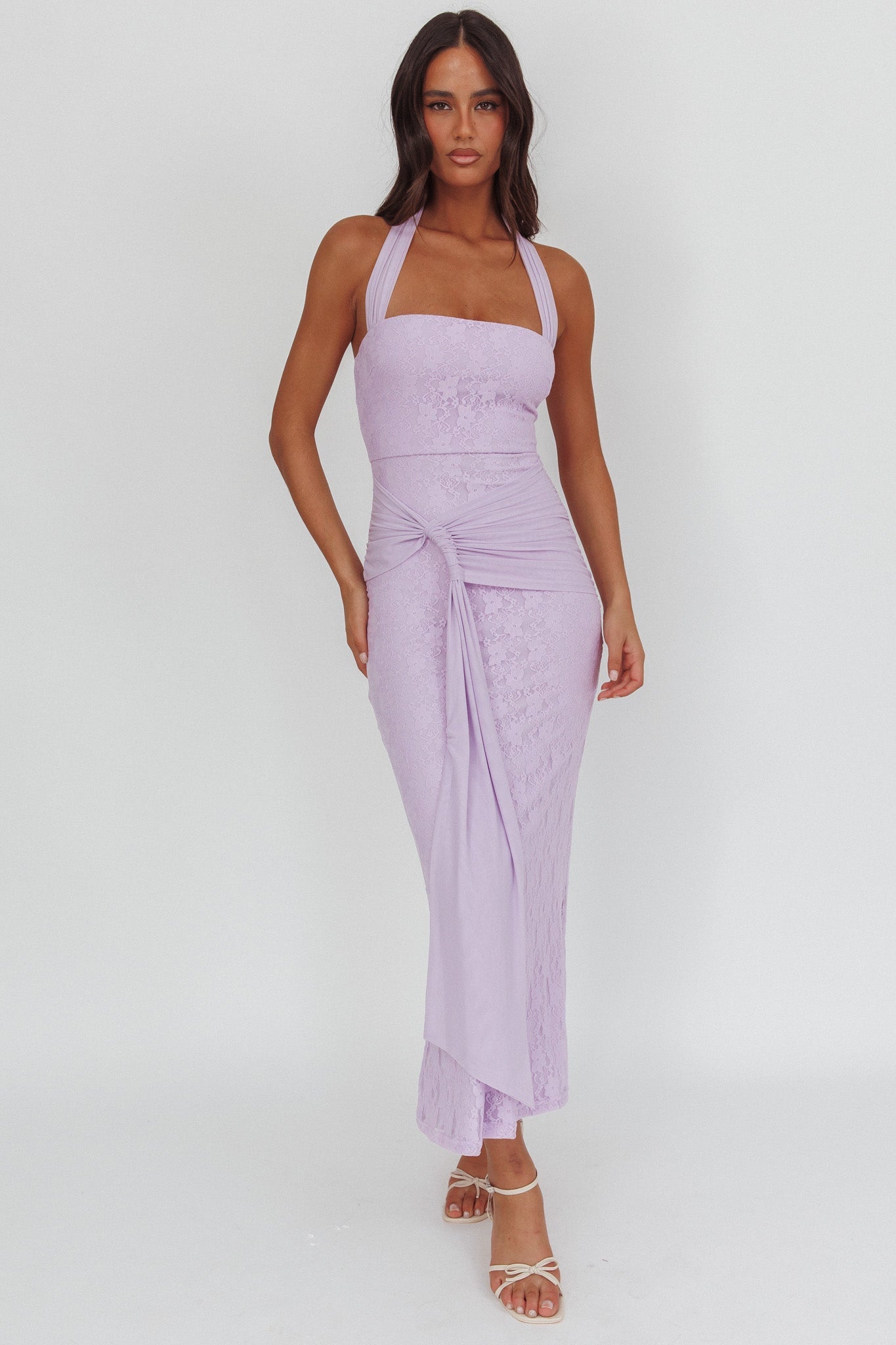 Luli Waist Sash Halter Maxi Dress Lace Lilac