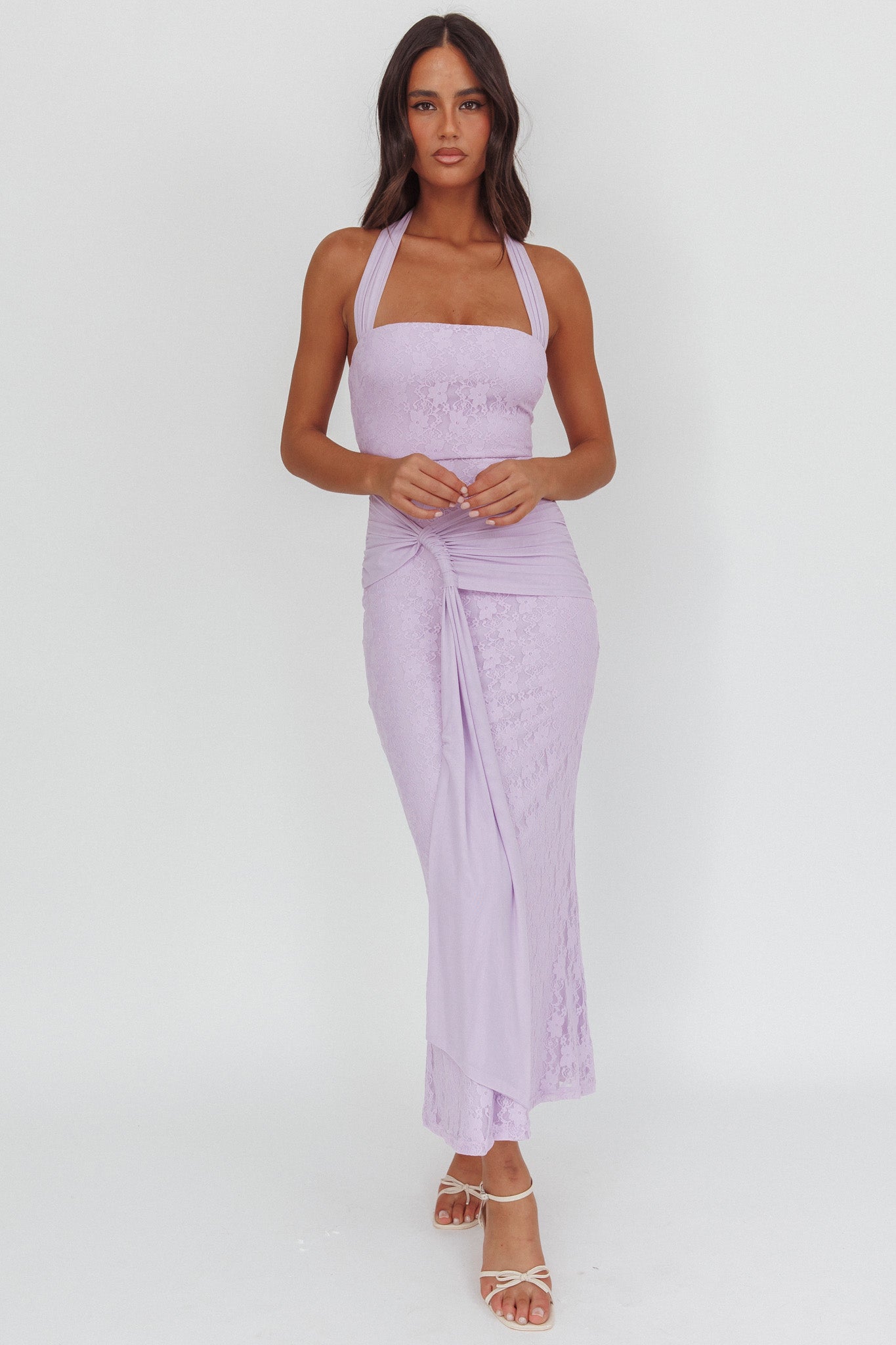 Luli Waist Sash Halter Maxi Dress Lace Lilac
