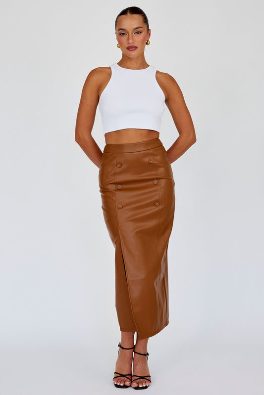 Kane Faux Leather Midi Skirt Brown