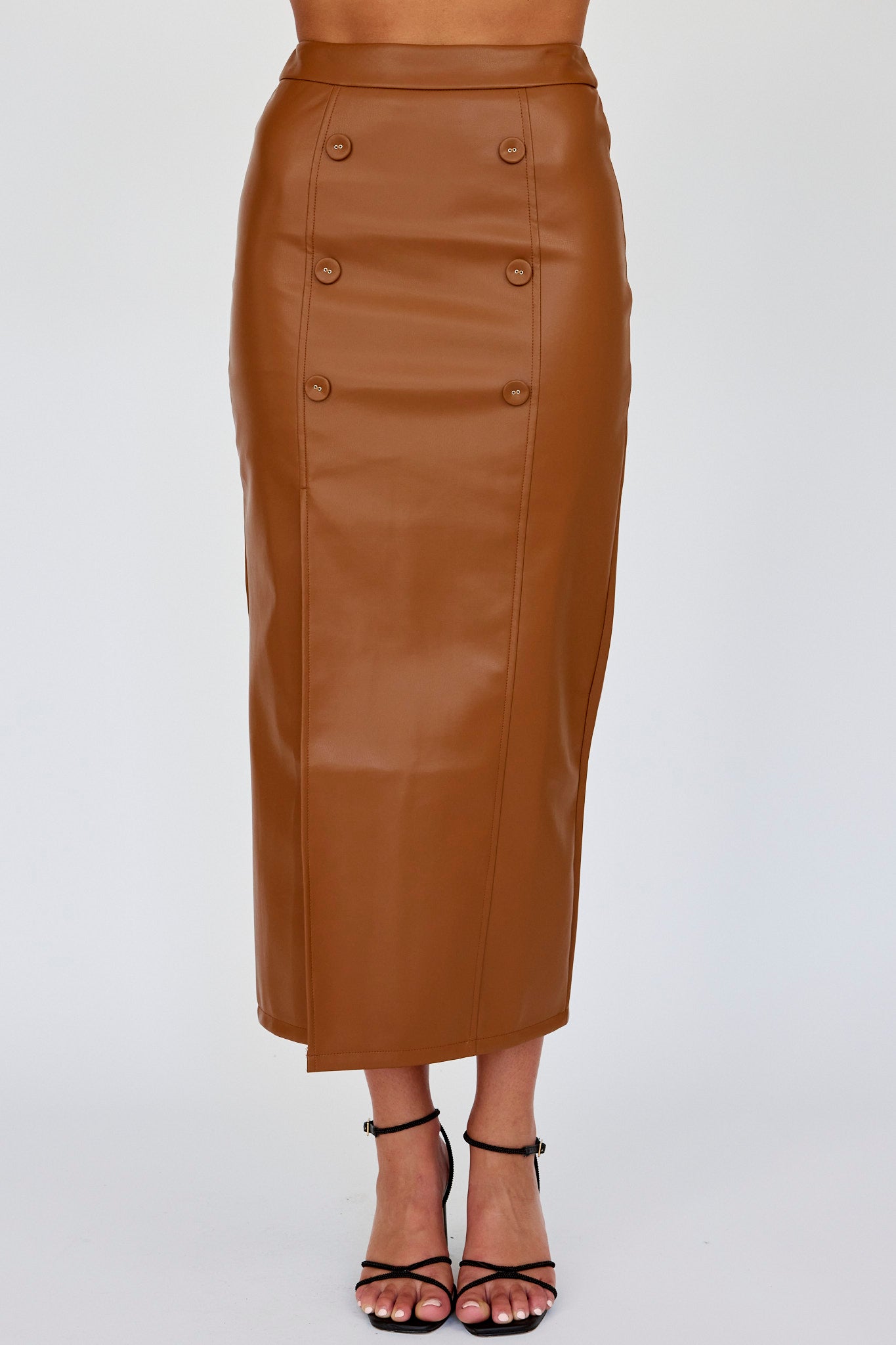 Kane Faux Leather Midi Skirt Brown
