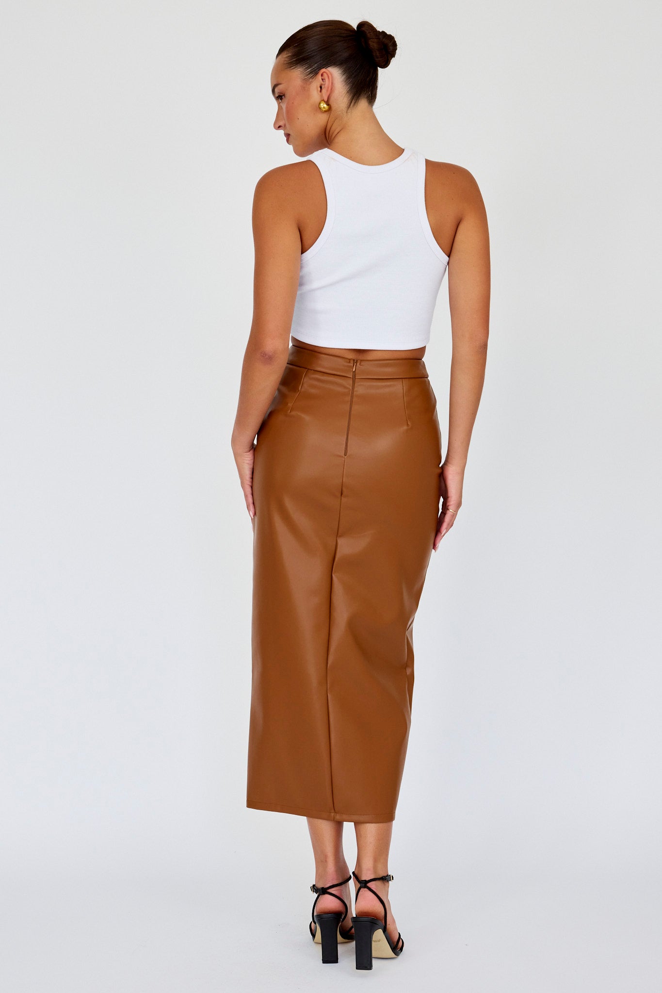 Kane Faux Leather Midi Skirt Brown