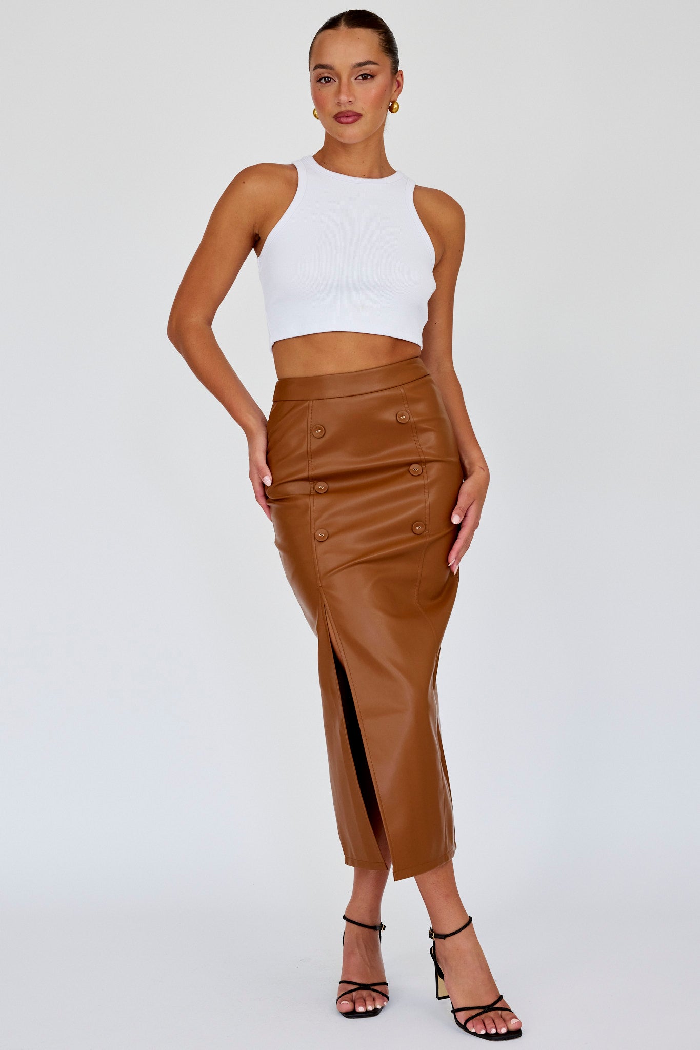 Kane Faux Leather Midi Skirt Brown