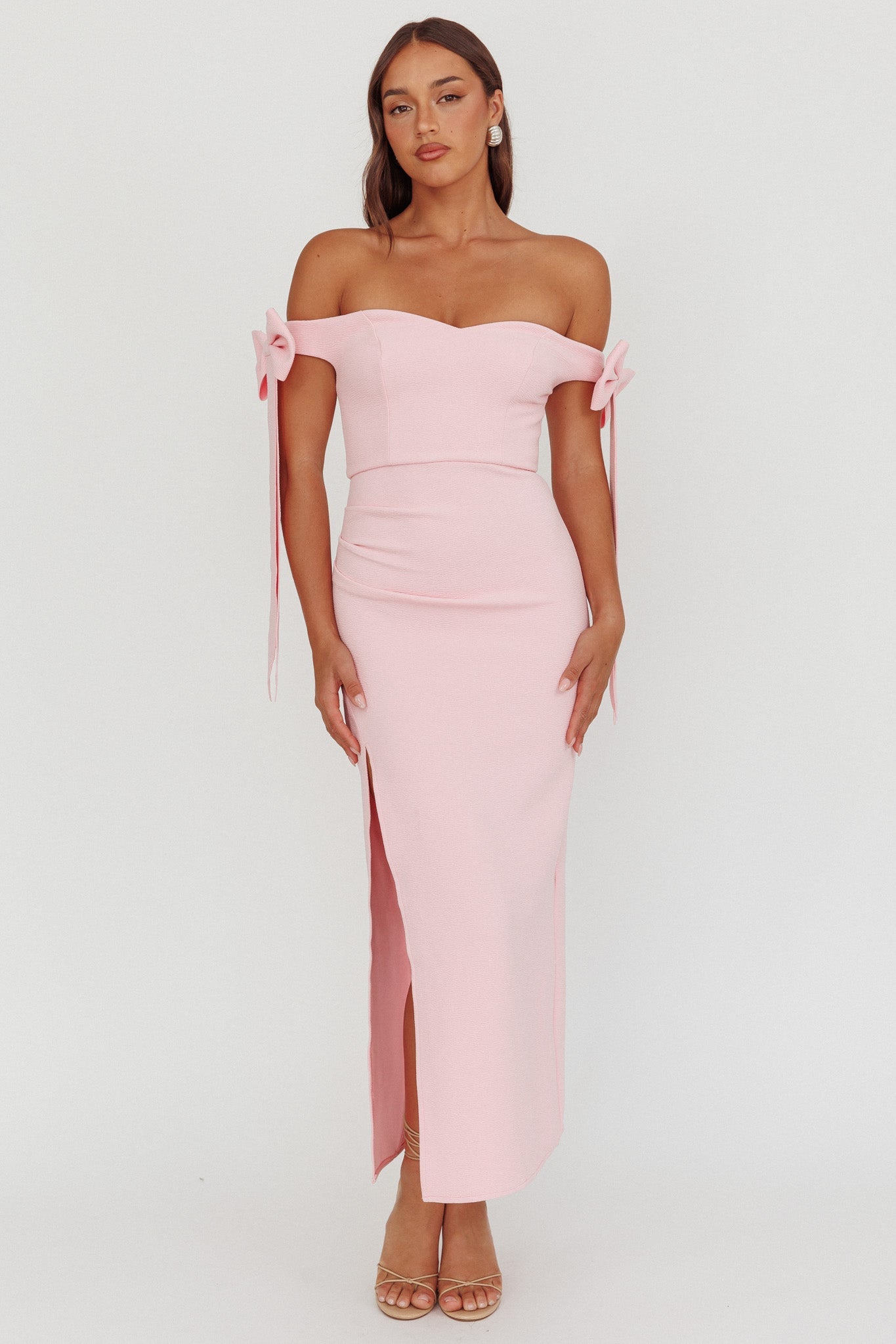 Have Faith Off-Shoulder Bow Sleeve Maxi Dress Baby Pink