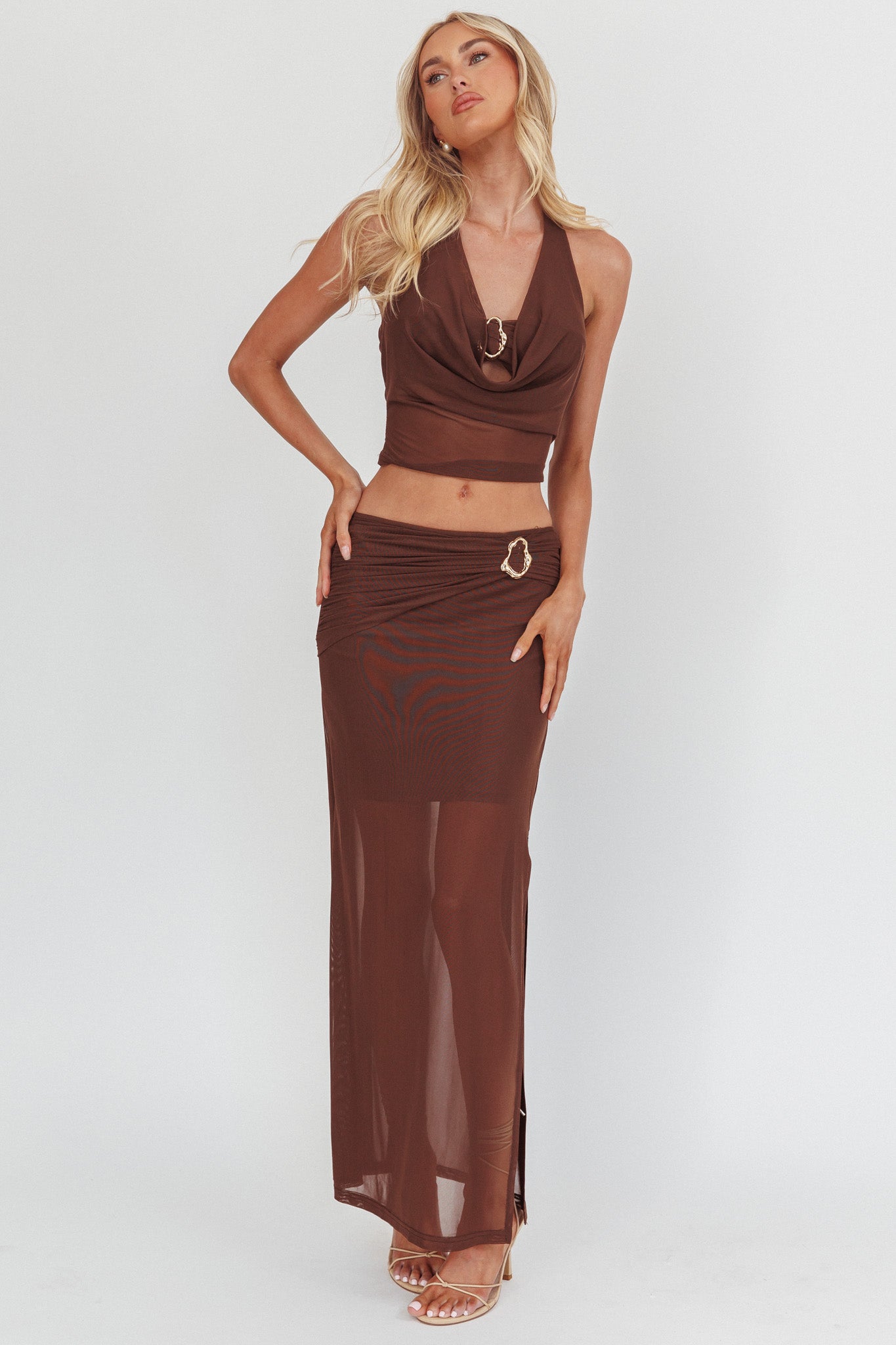 Paullina Gold Buckle Mesh Maxi Skirt Brown