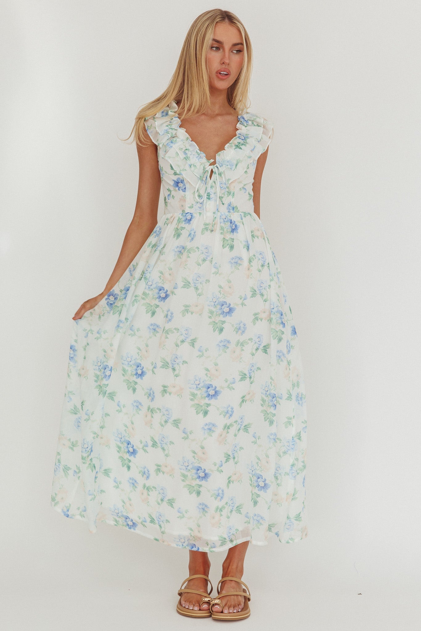 Spring Harvest Frill Neckline Maxi Dress Floral Blue