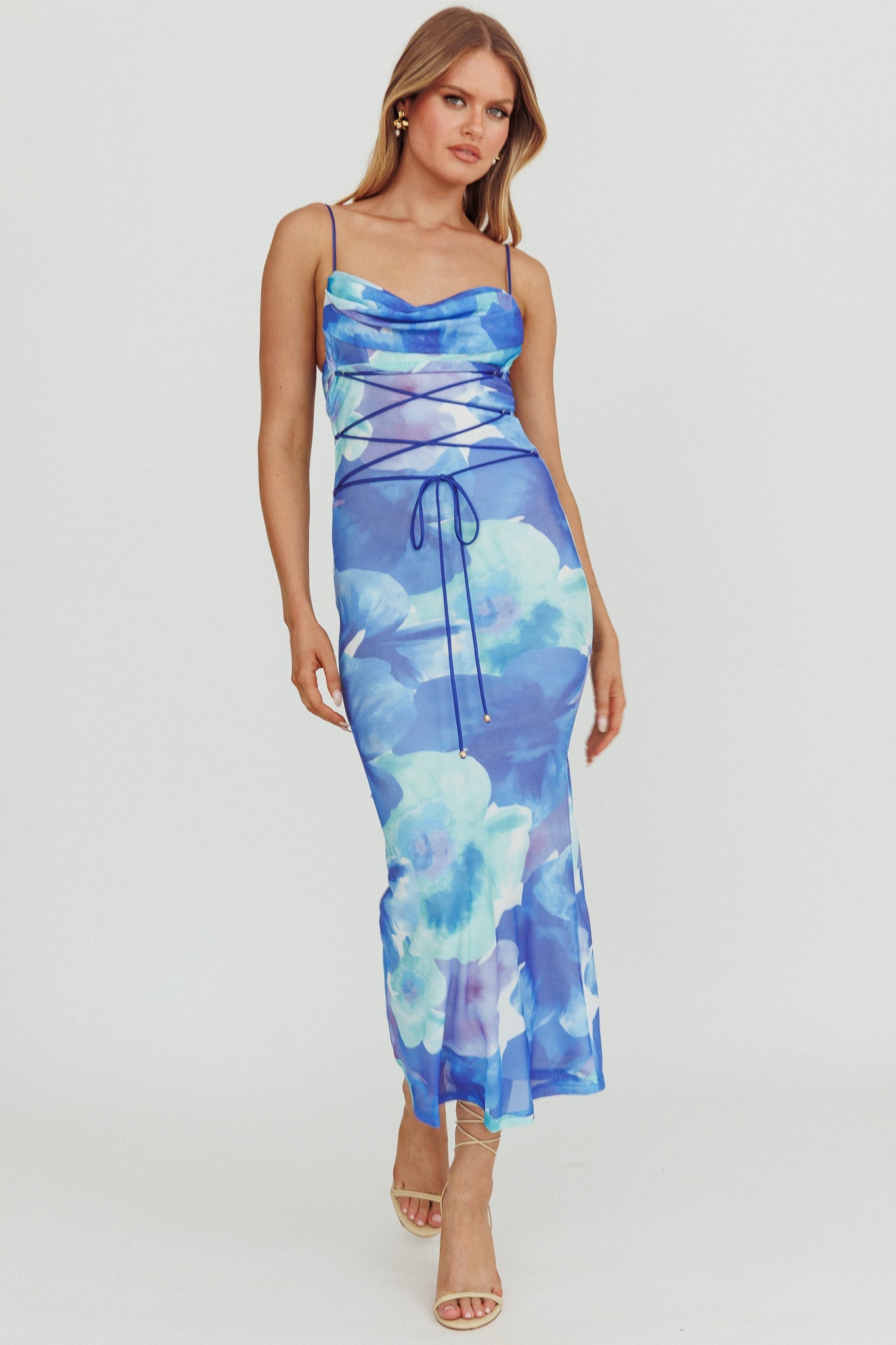 Teava Laced Waist Maxi Dress Flowers Blue