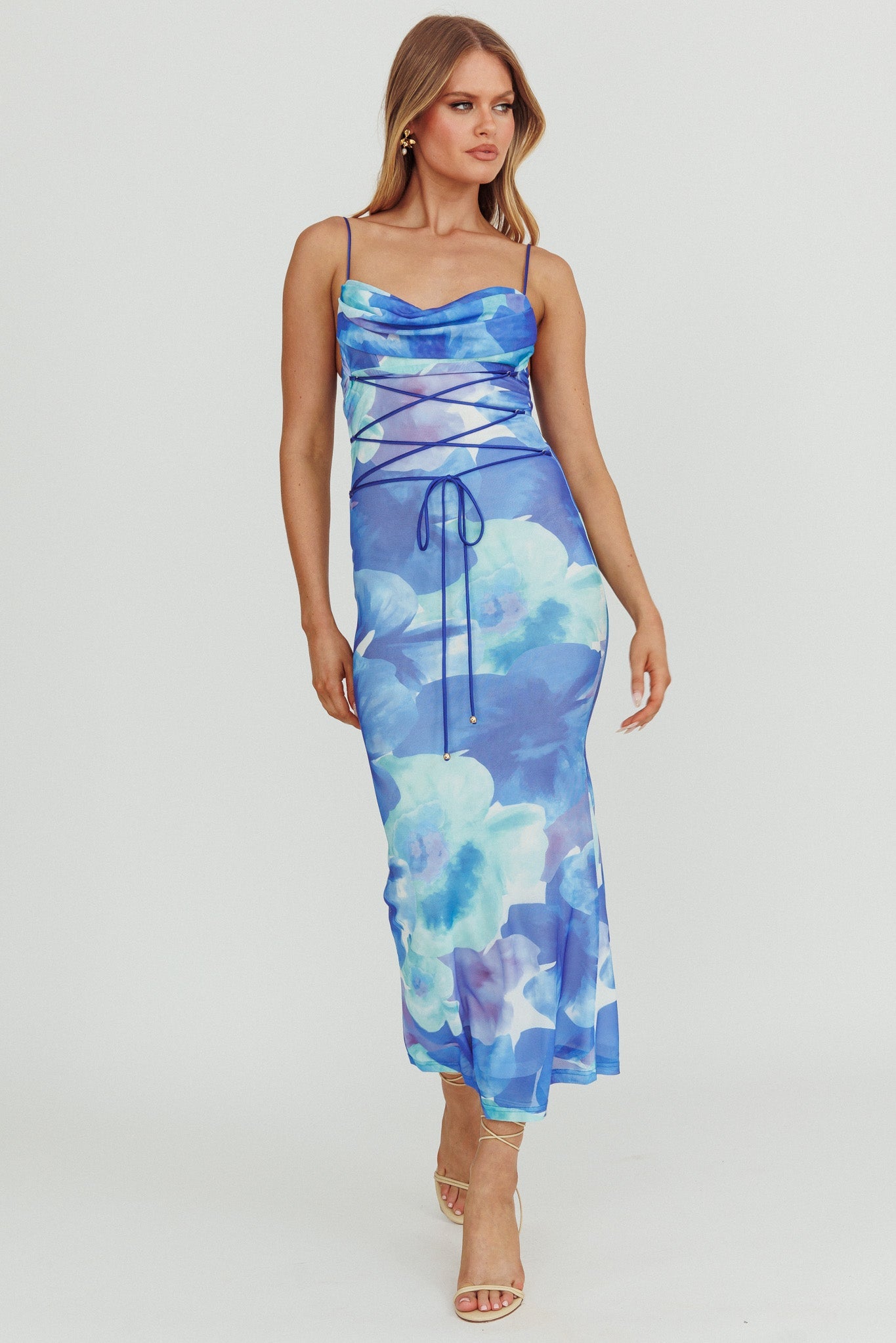 Teava Laced Waist Maxi Dress Flowers Blue