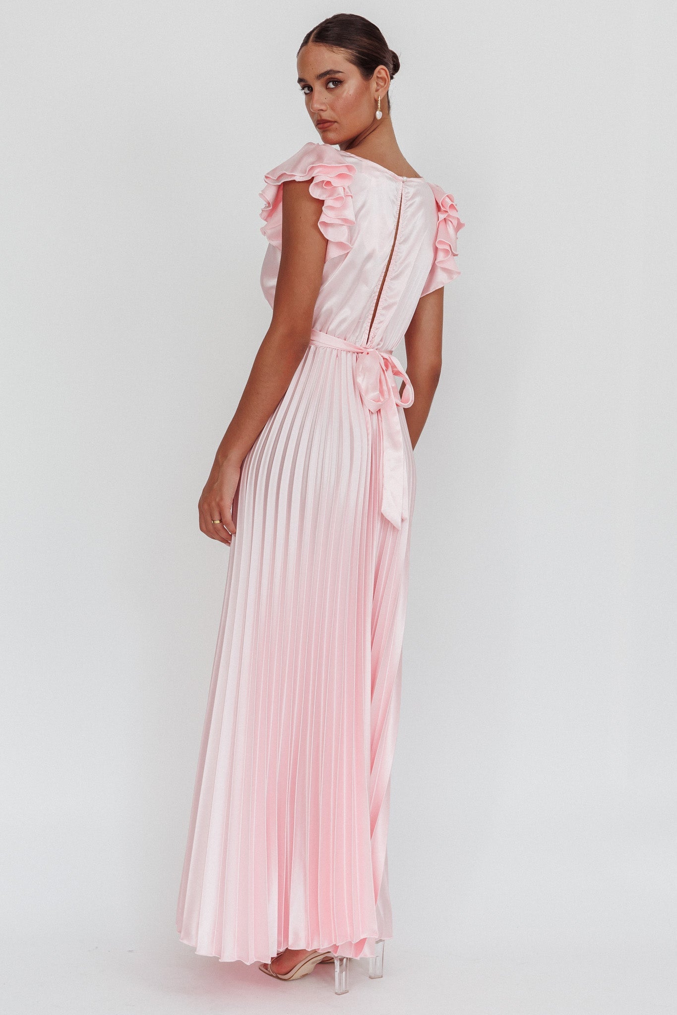 Enchantment Ruffle Sleeve Pleat Maxi Dress Pink