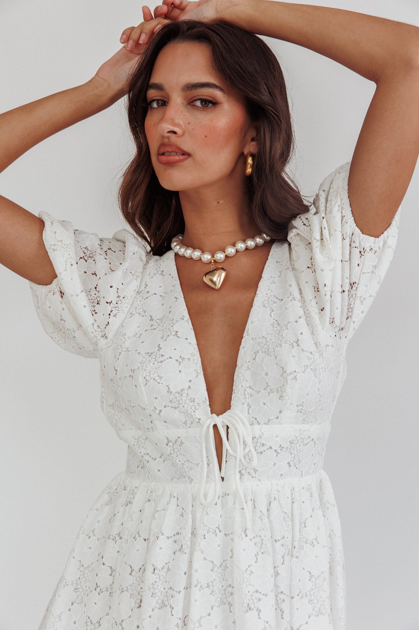 Sunday Kinda Love Puff Sleeve Lace Dress White