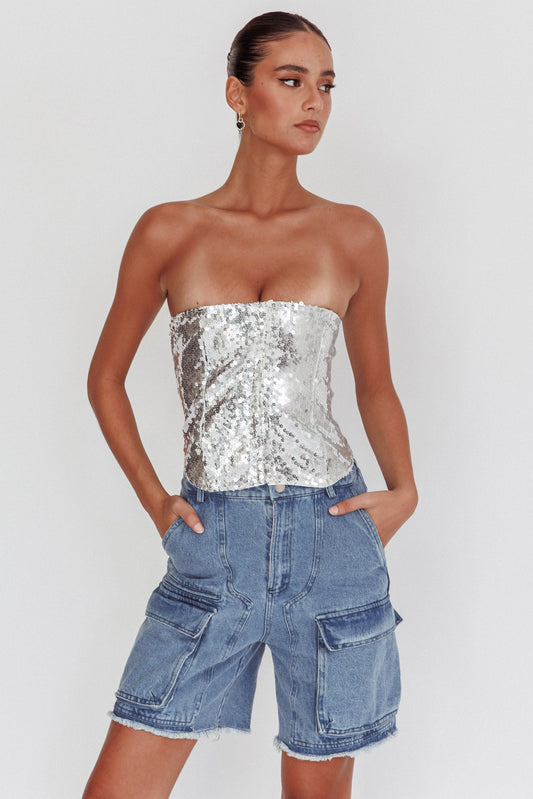 Belgium Strapless Lace-Up Back Top Sequin Silver