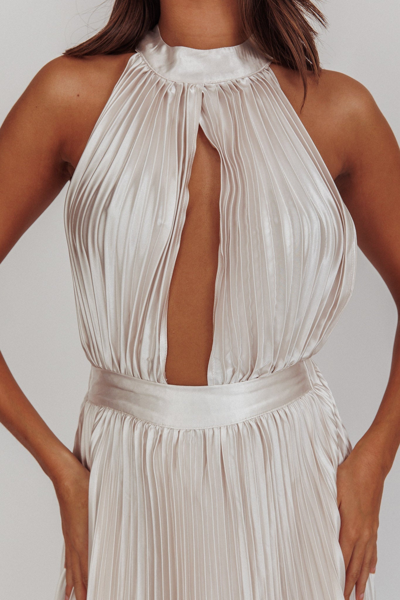 Monarch Pleated Satin Maxi Dress Champagne