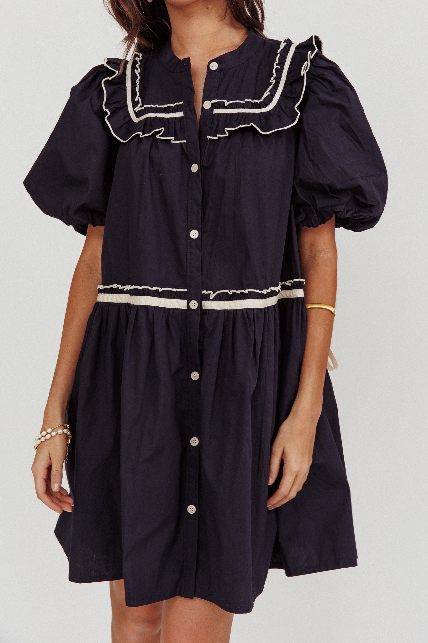 Late Spring Puff Sleeves Ruffle Mini Dress Navy