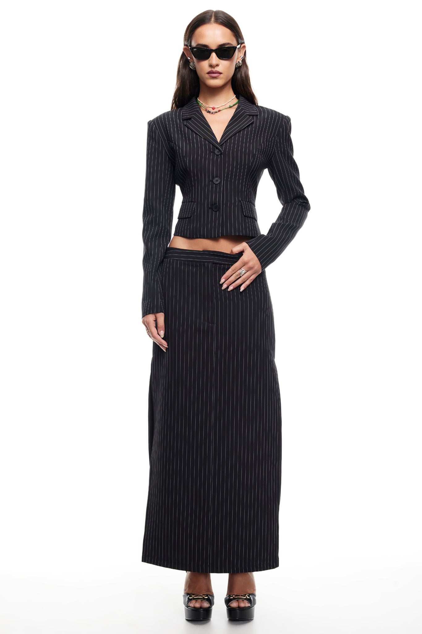 LIONESS Lune Maxi Skirt Onyx Pinstripe