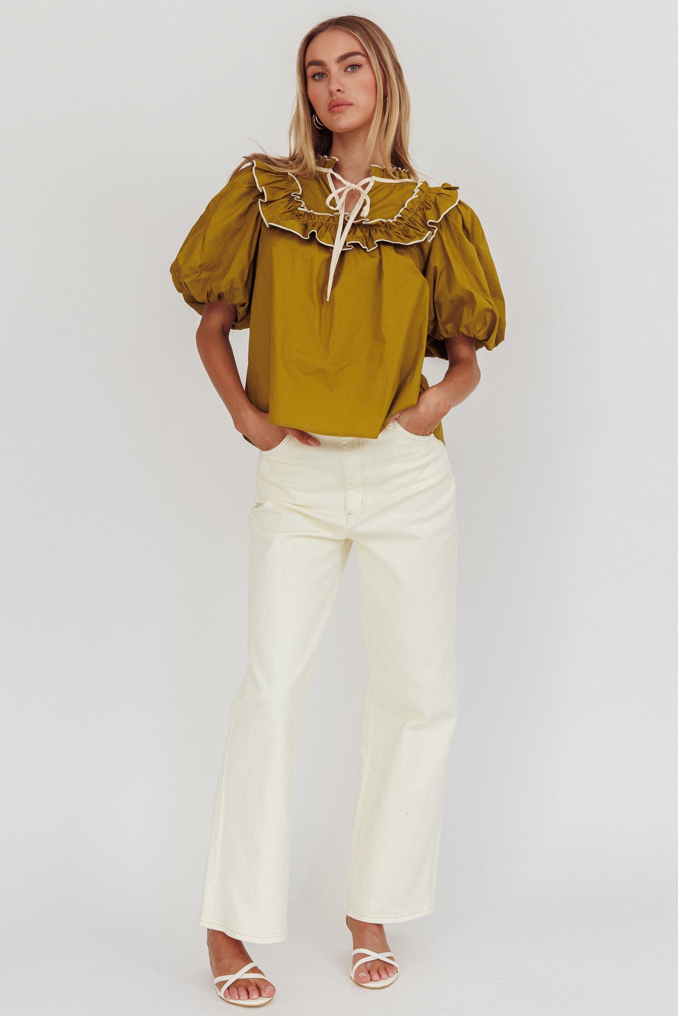 Remarkable Puff Sleeve Tied Neck Top Olive