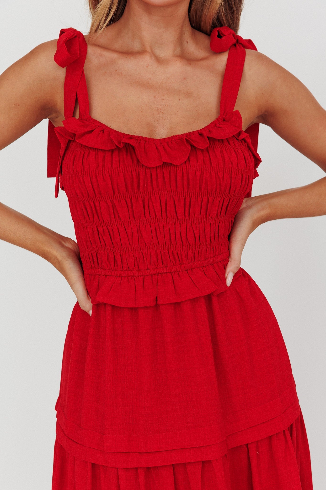 Paprika Tied Shoulder Shirred Midi Dress Red