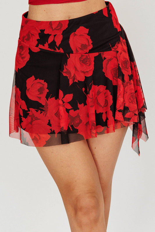 Night Drive Mesh Floral Mini Skirt Black/Red