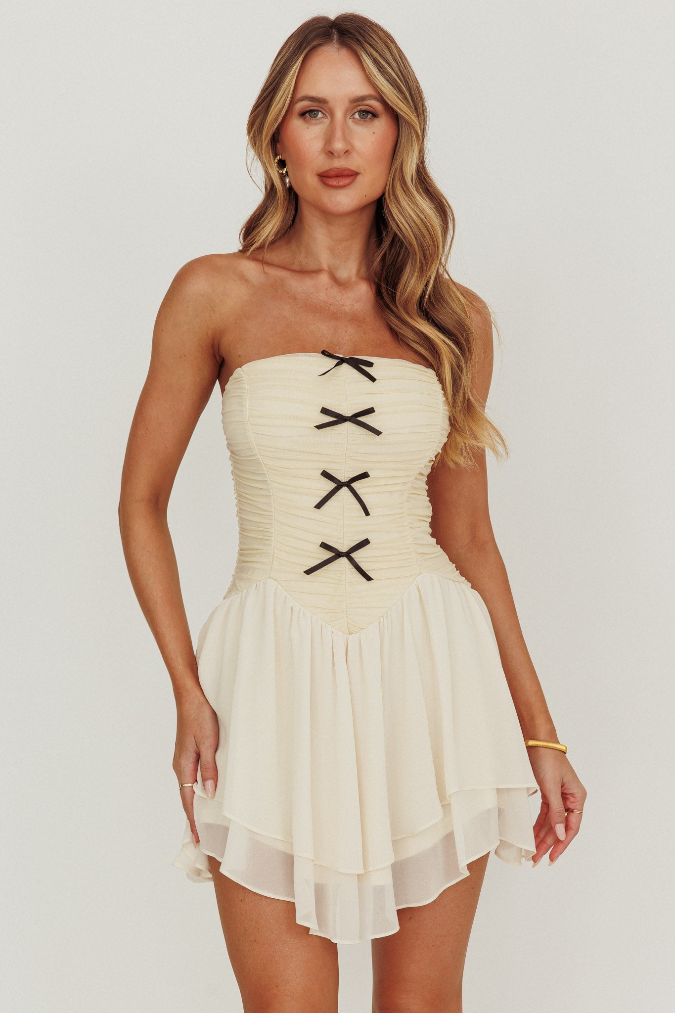 Cherry Lips Strapless Chiffon Mini Dress Cream
