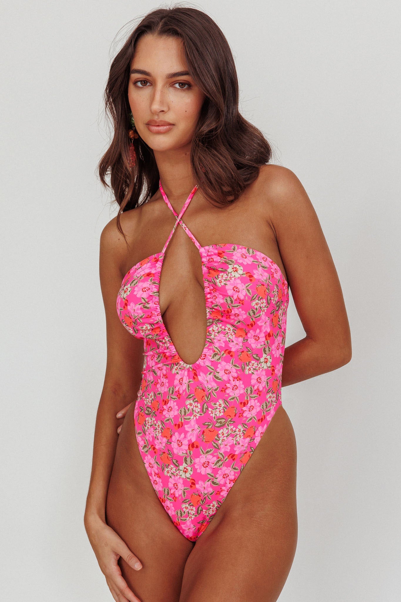 Theia Halterneck One Peice Swimsuit Pink Floral
