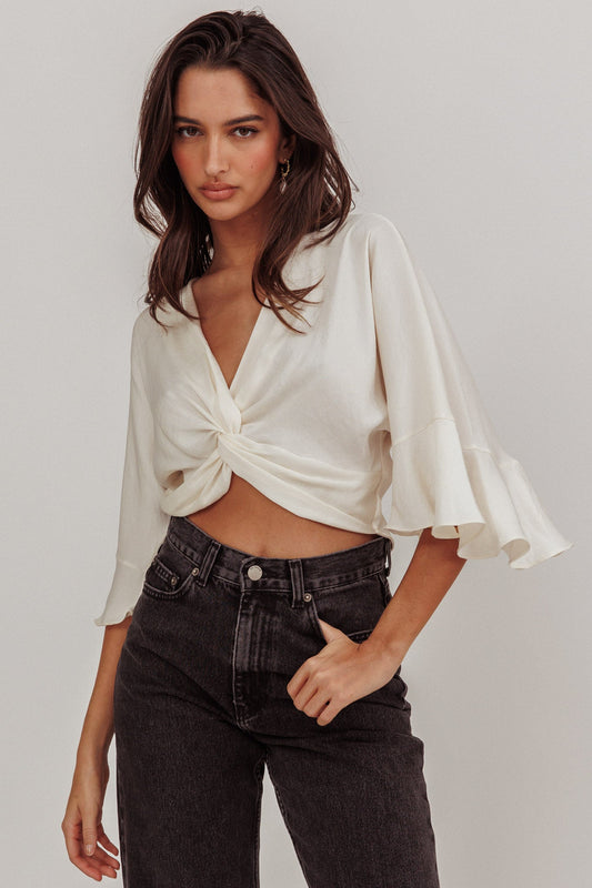Rejoice Flounce Sleeve Knot Top Ivory