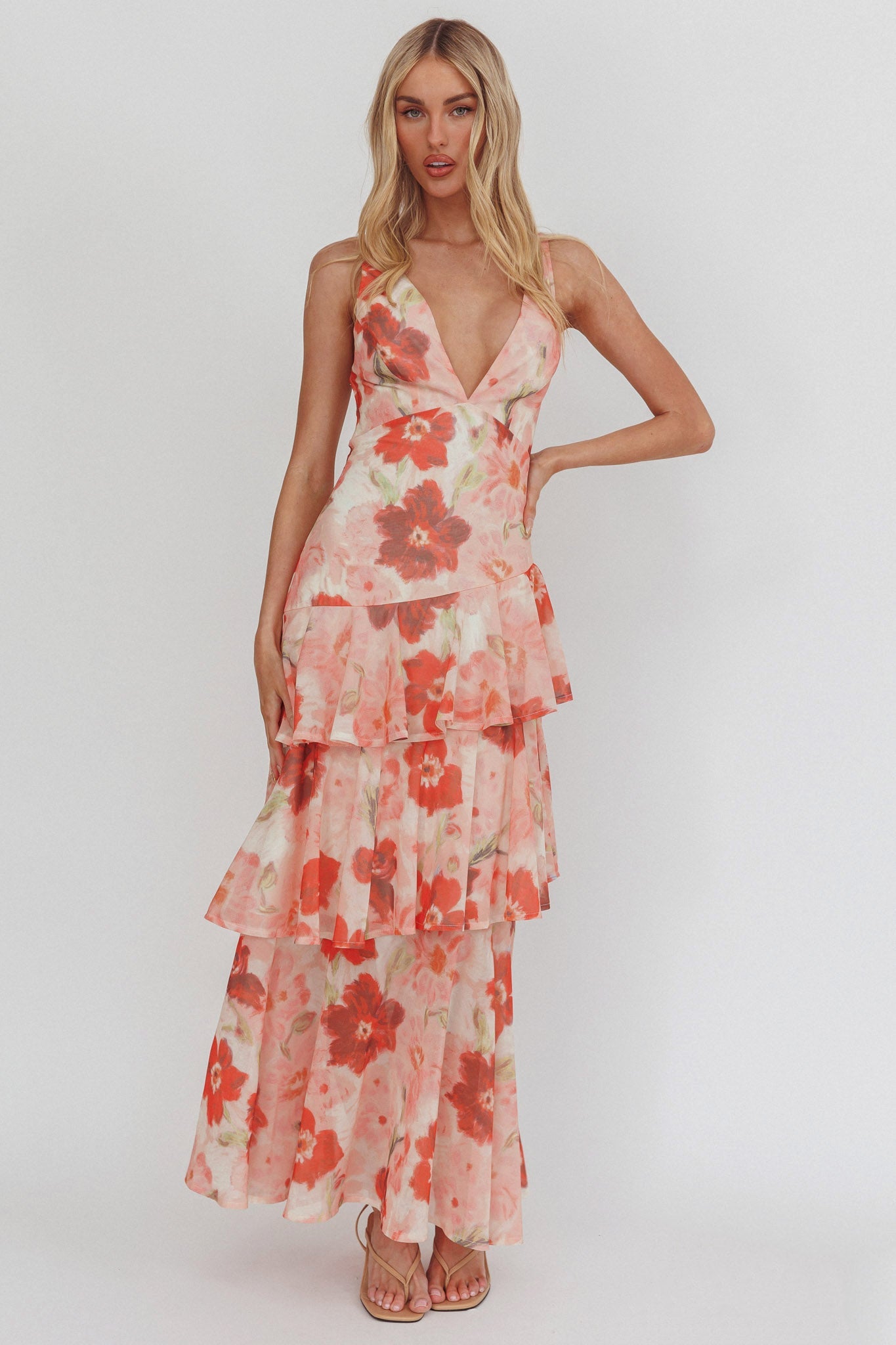 Veda Strappy Back Ruffle Maxi Dress Poppies Red