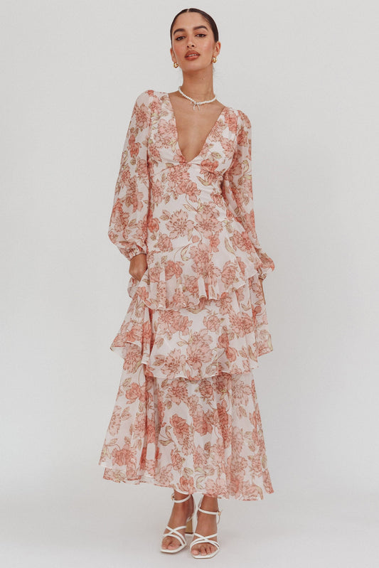 Veda Long Sleeve Floral Tiered Ruffle Maxi Dress Peach