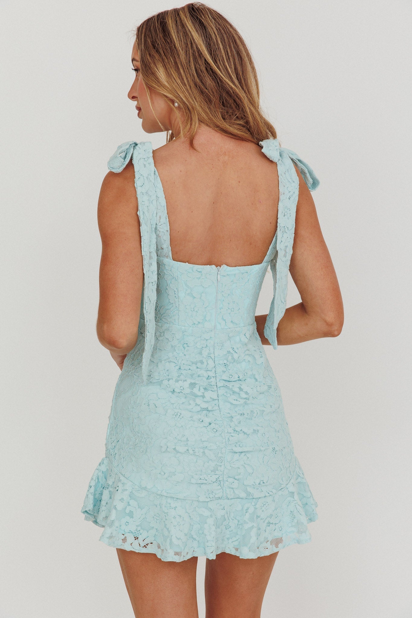 Neriah Tied Shoulder Lace Mini Dress Baby Blue