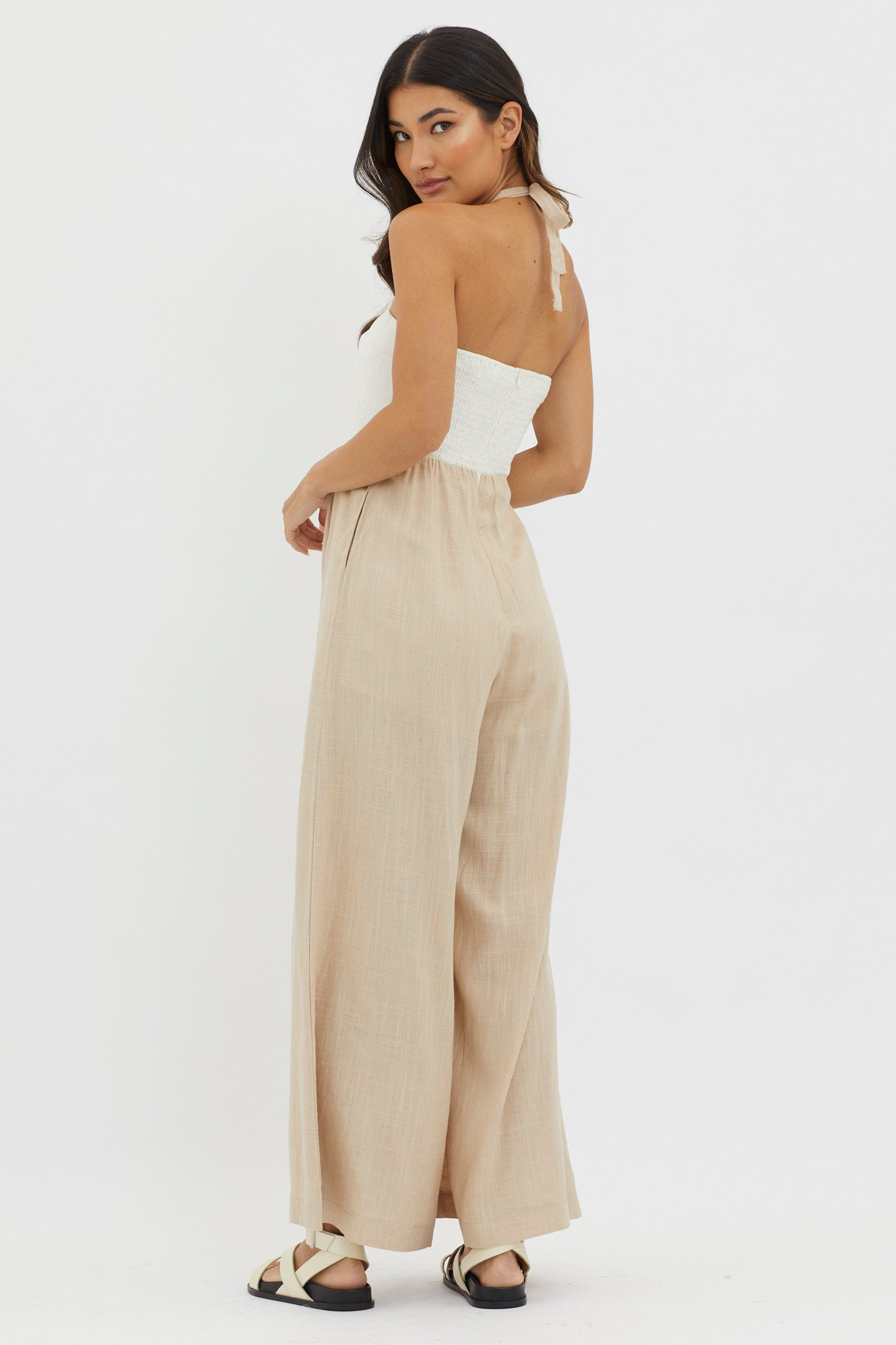 Maryn Wide Leg Halterneck Jumpsuit Beige
