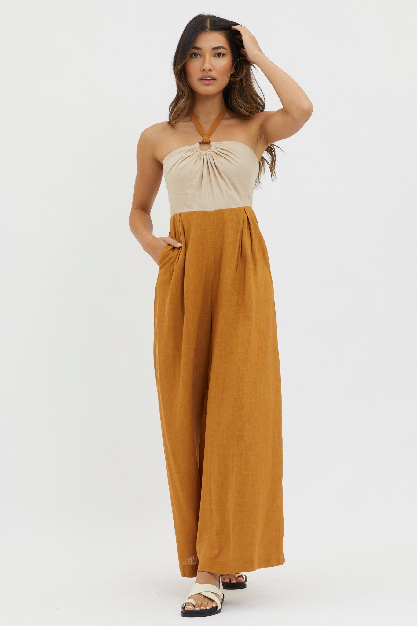 Maryn Wide Leg Halterneck Jumpsuit Mocha