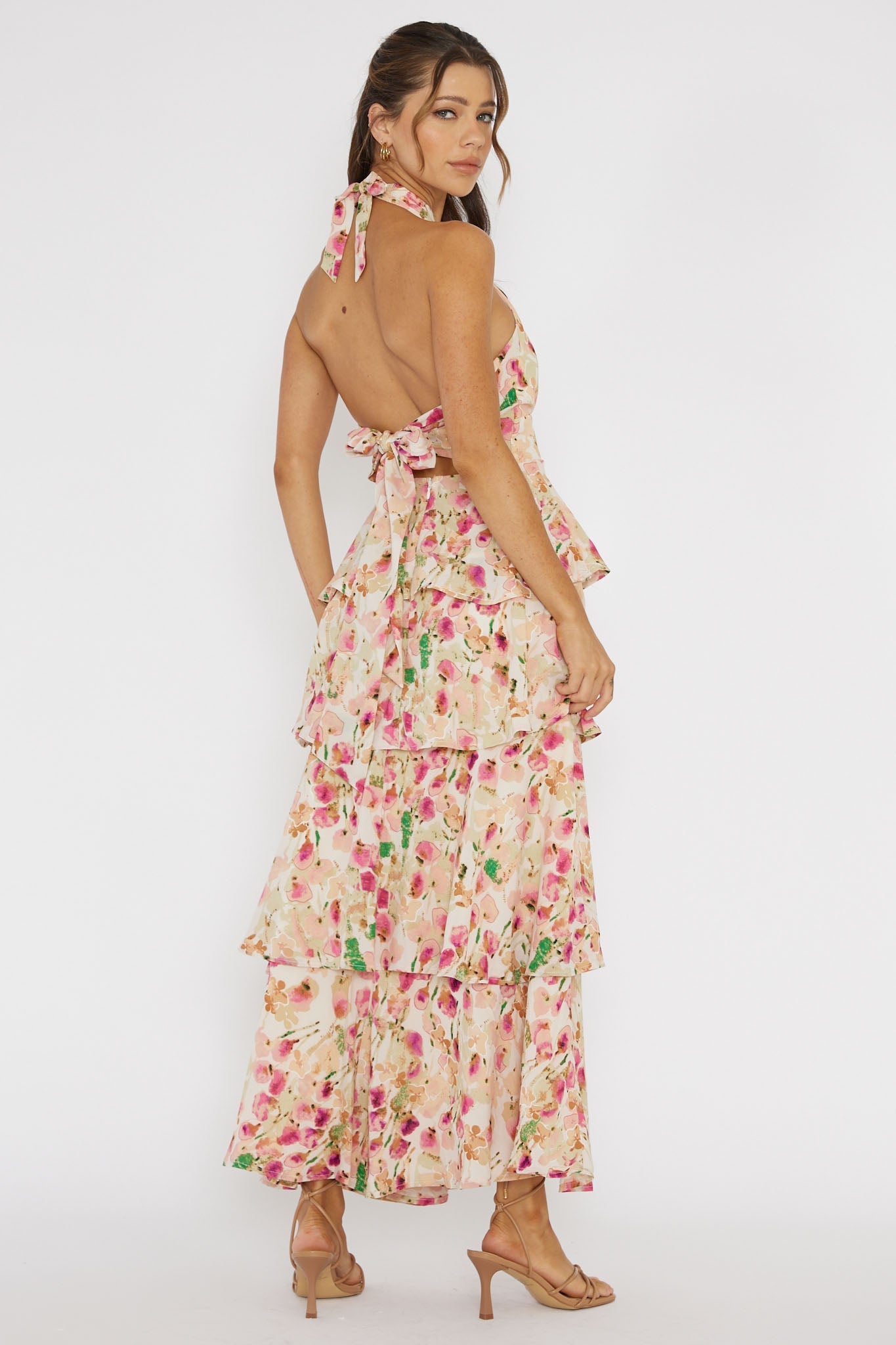 Provence Bloom Tiered Halterneck Dress Pink