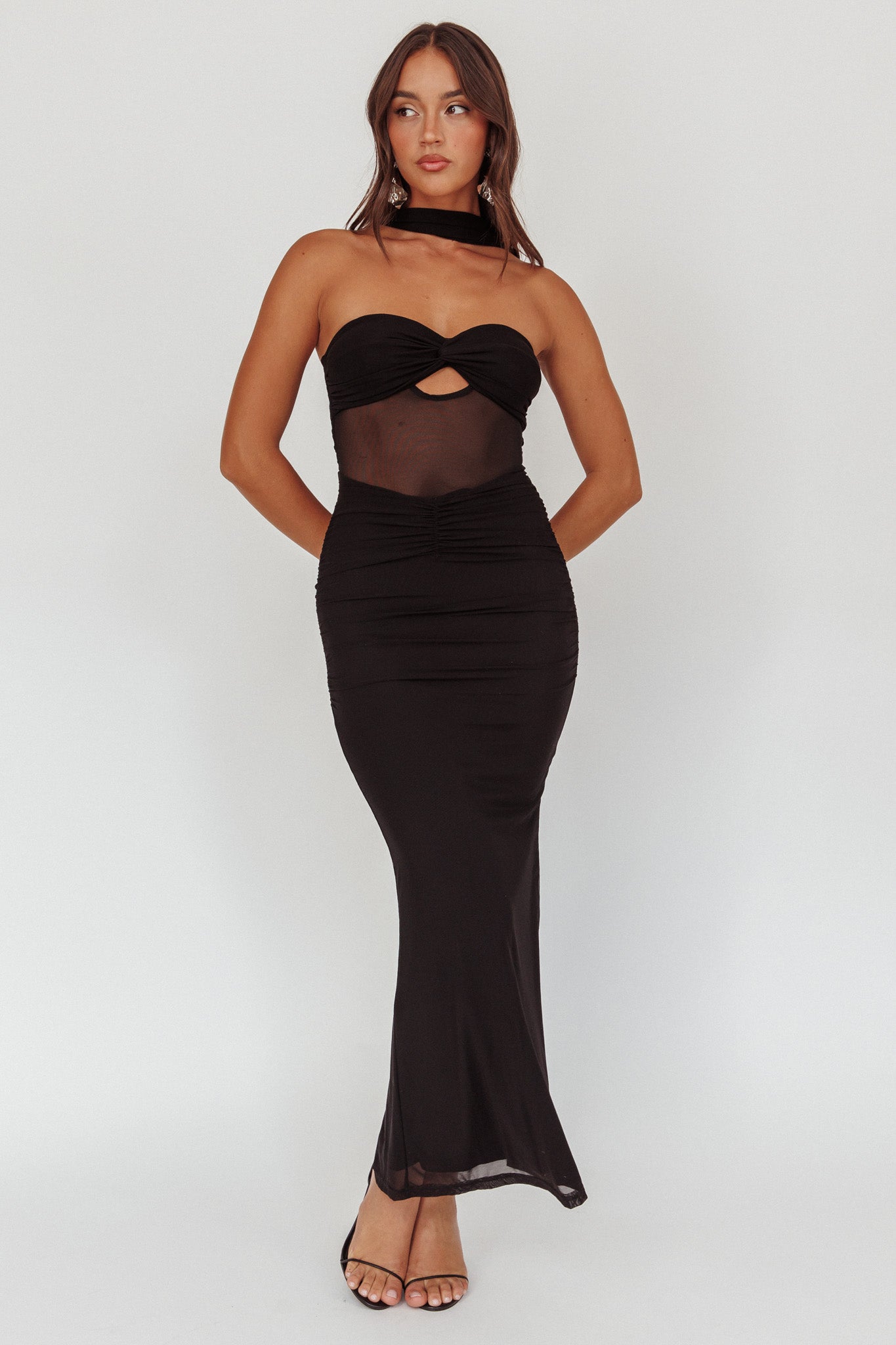 Oliana Strapless Mesh Maxi Dress Black