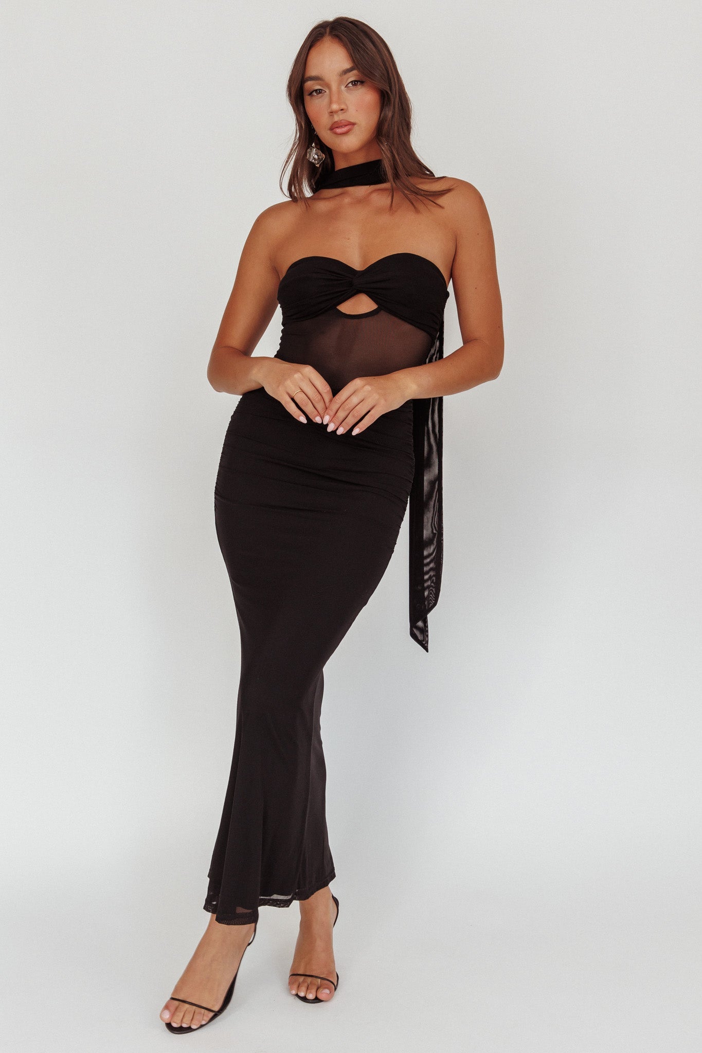 Oliana Strapless Mesh Maxi Dress Black