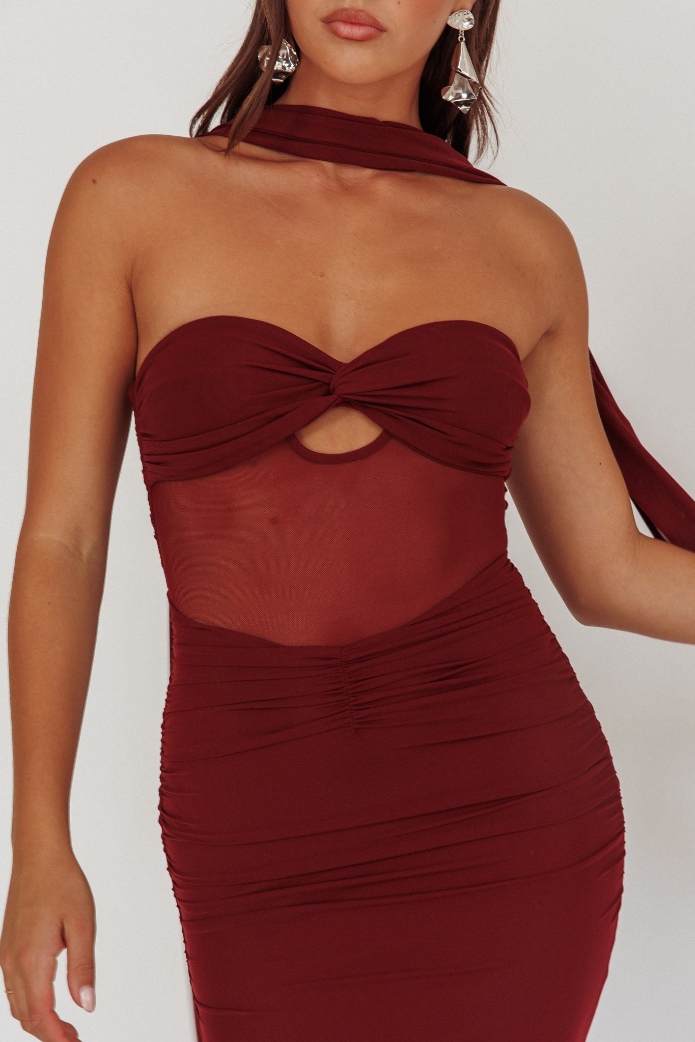 Oliana Strapless Mesh Maxi Dress Wine