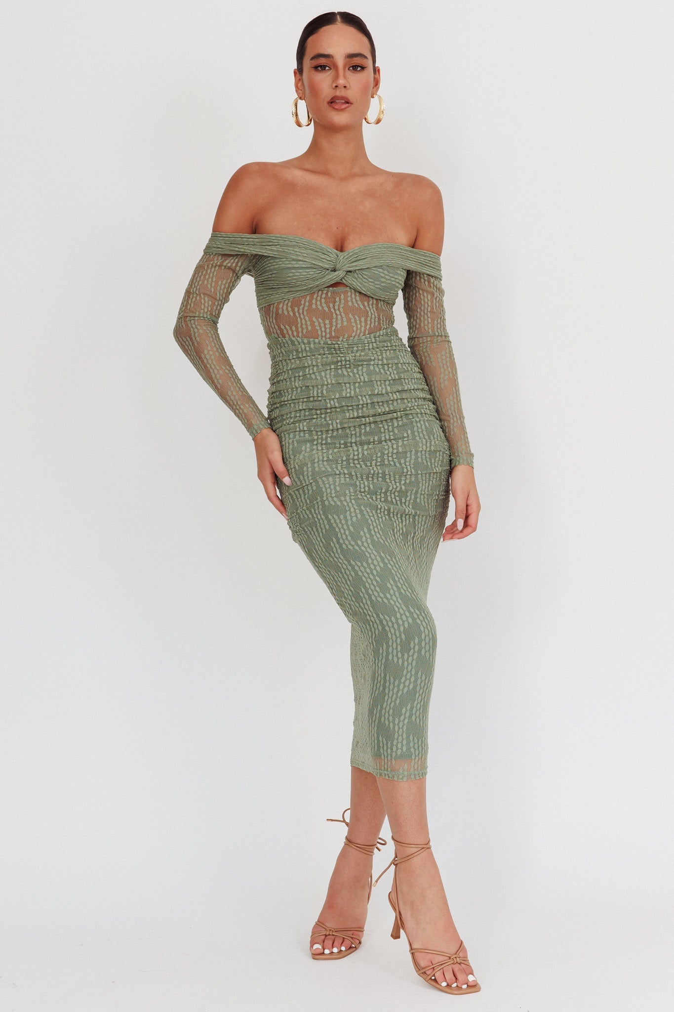 Oliana Off-Shoulder Mesh Maxi Dress Fern