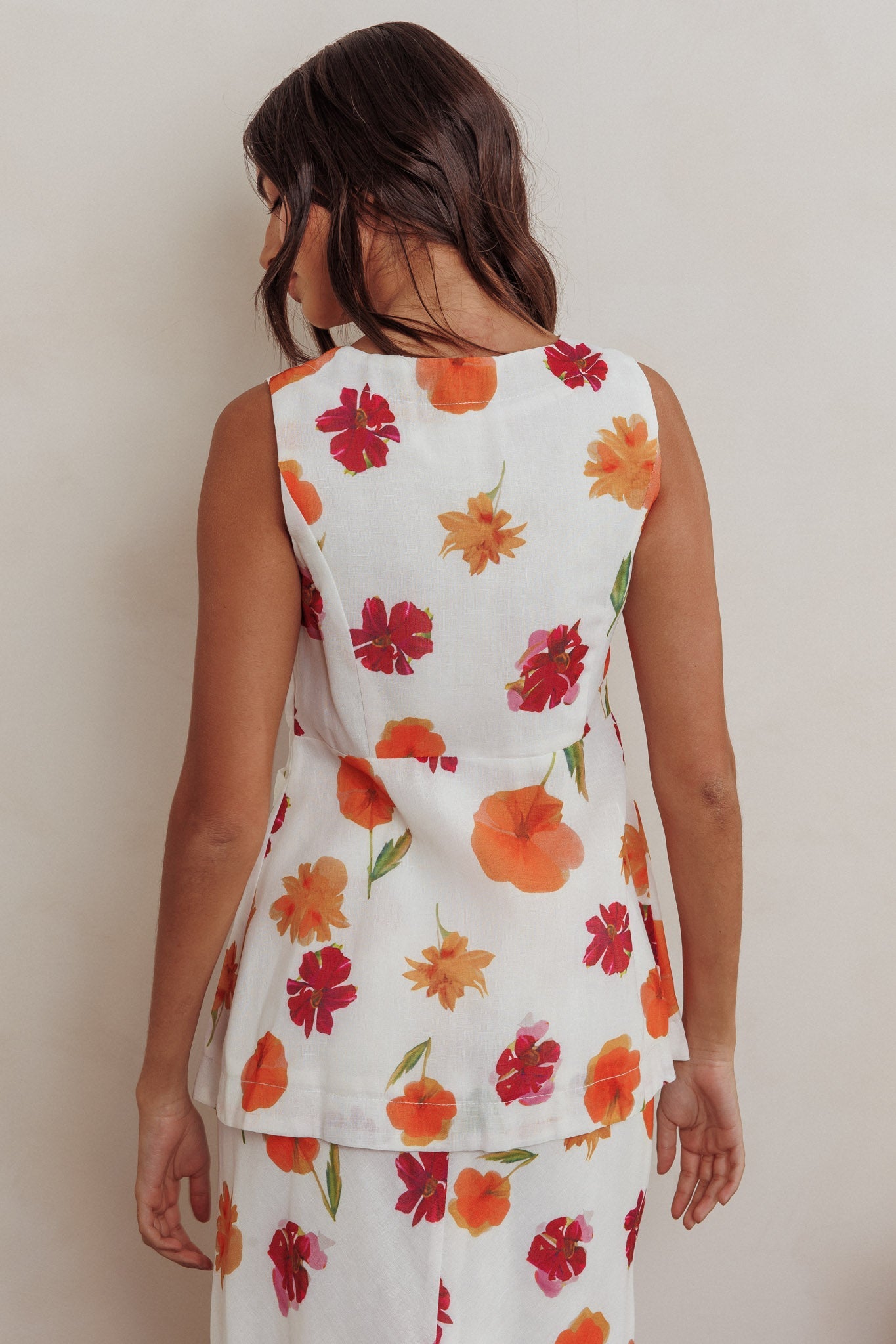 Philomena Button Front Pocket Vest Top Floral Orange Multi