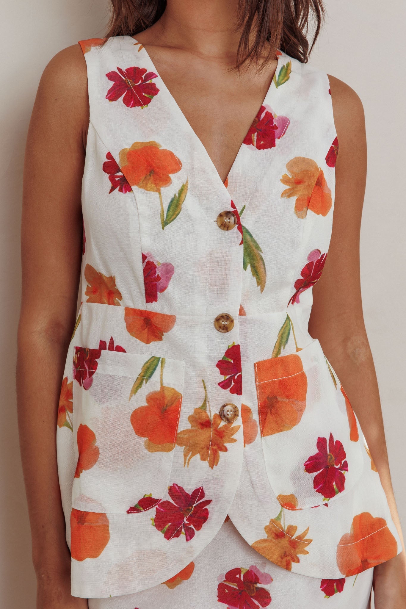 Philomena Button Front Pocket Vest Top Floral Orange Multi