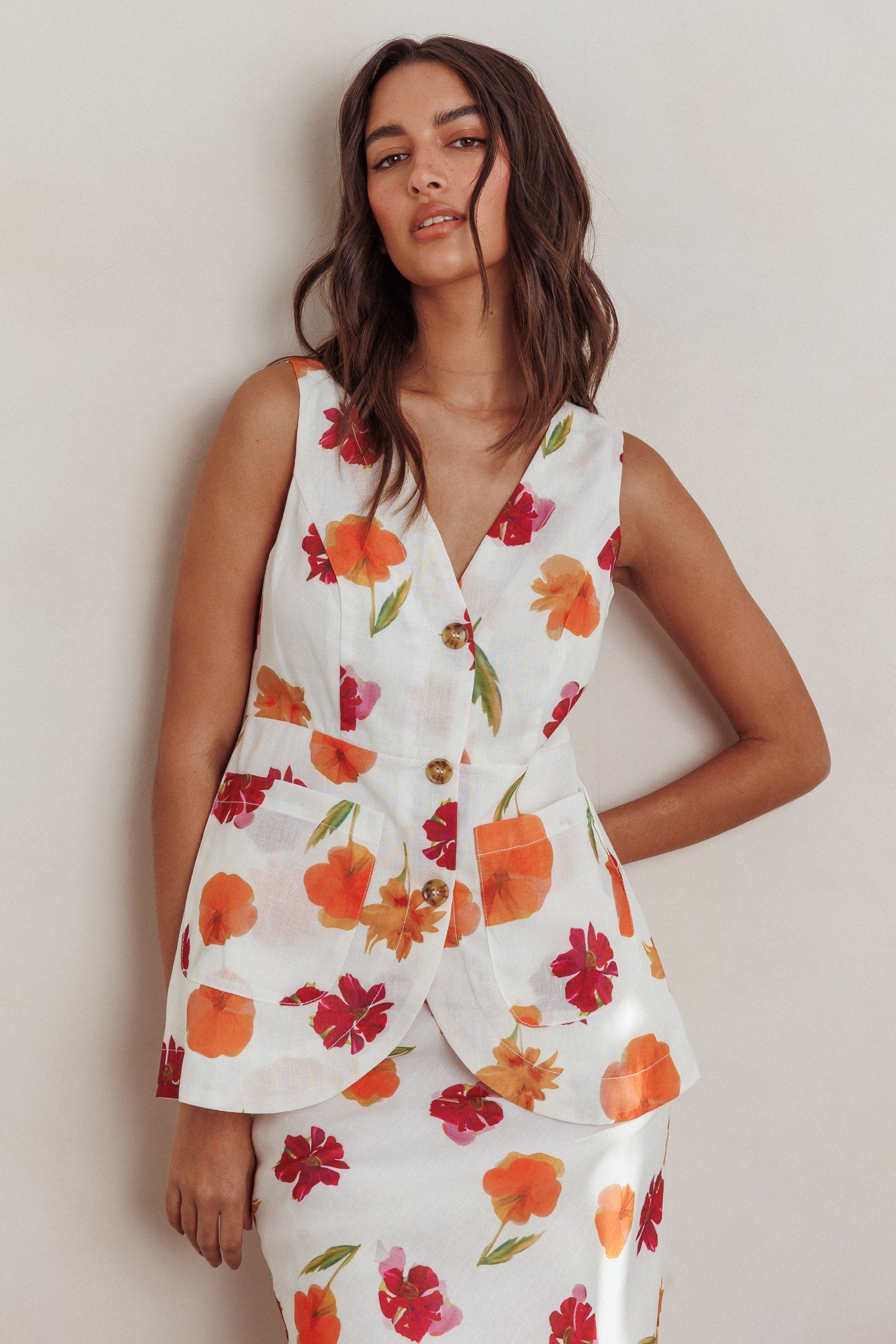 Philomena Button Front Pocket Vest Top Floral Orange Multi