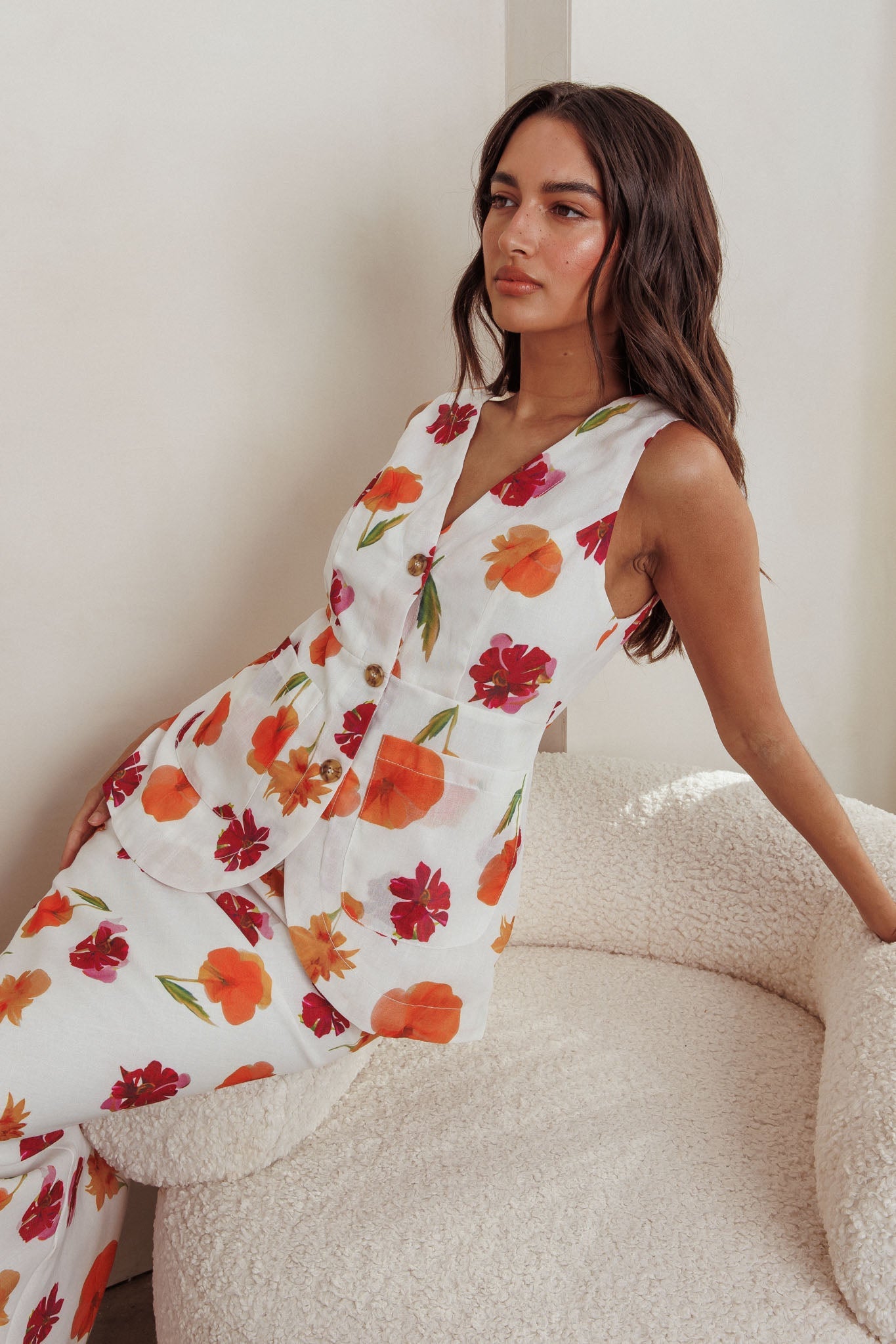 Philomena Button Front Pocket Vest Top Floral Orange Multi