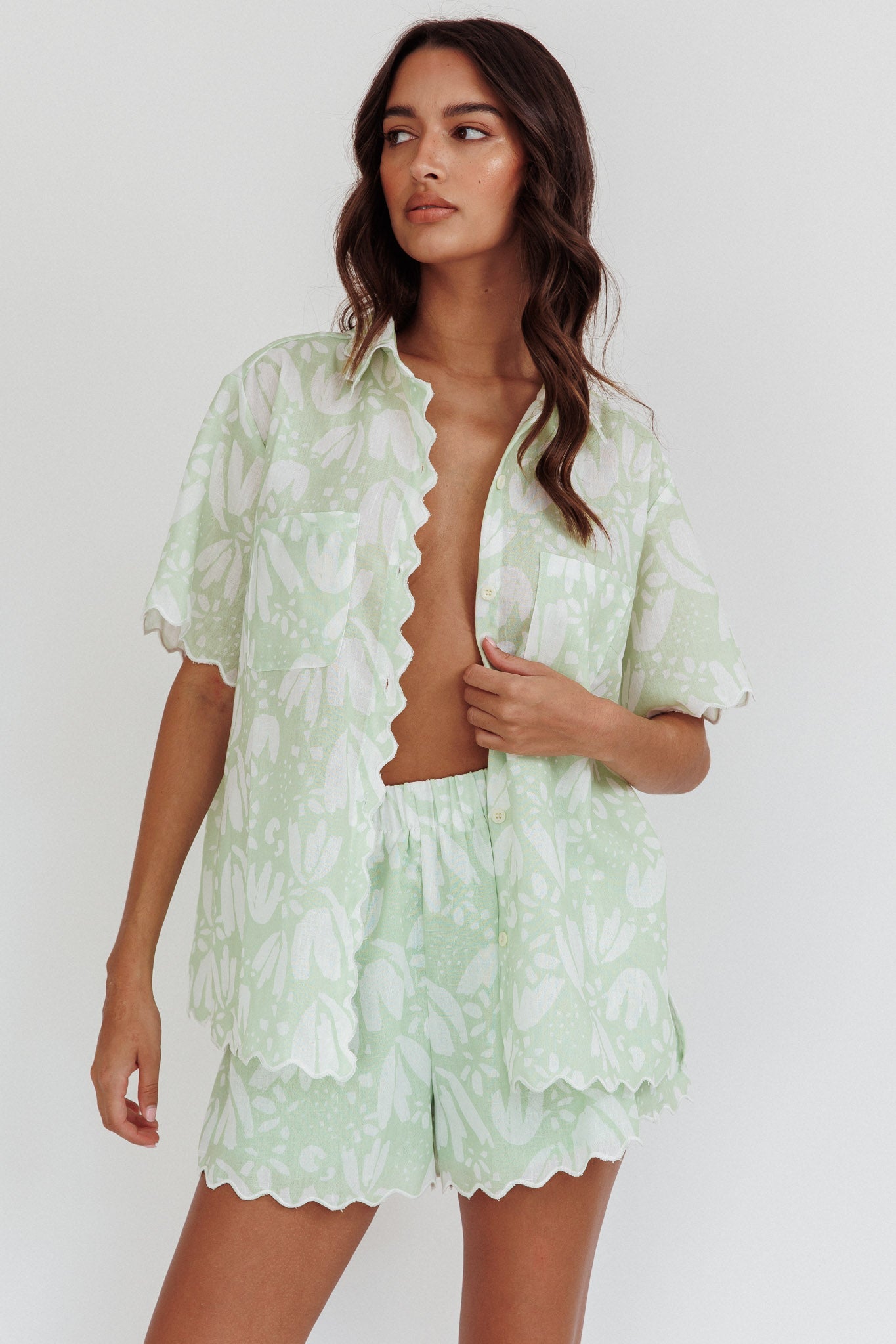 Swing Of Things Scalloped Elastic Waist Shorts Print Sage