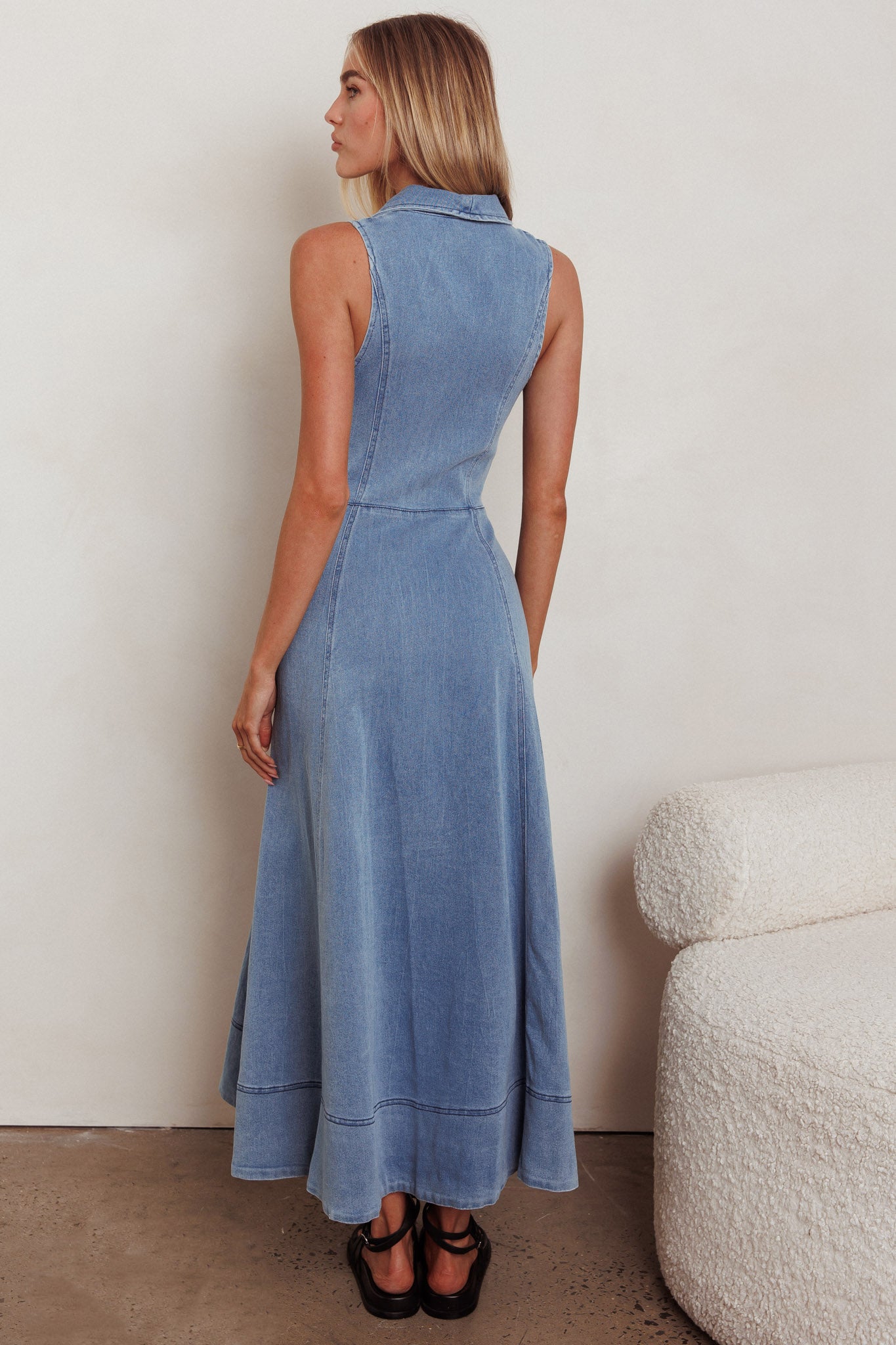 Entertain Me Sleeveless A-Line Maxi Dress Denim Blue