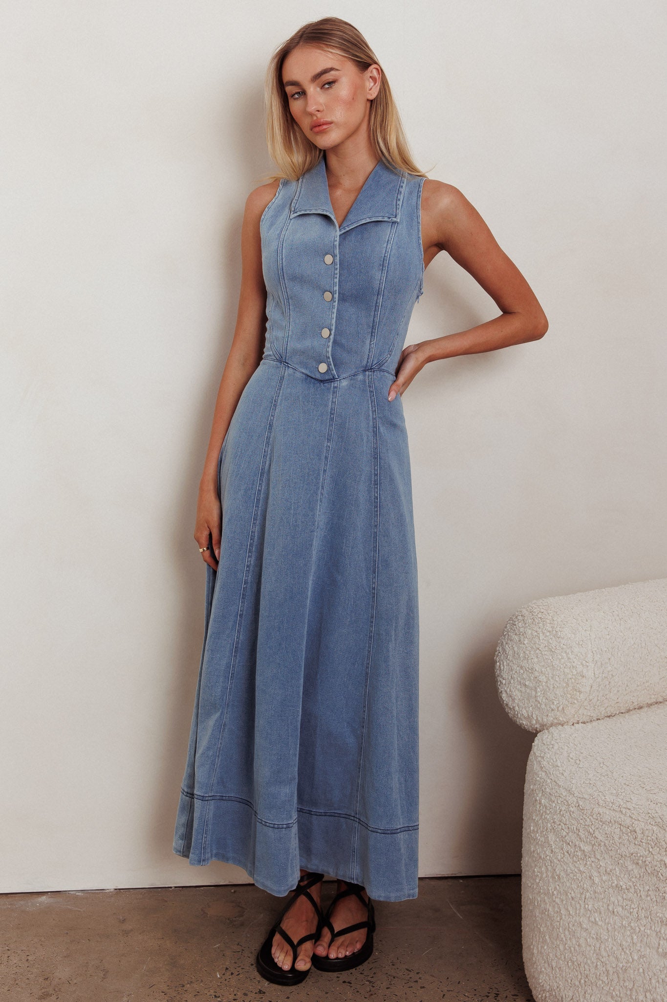 Entertain Me Sleeveless A-Line Maxi Dress Denim Blue