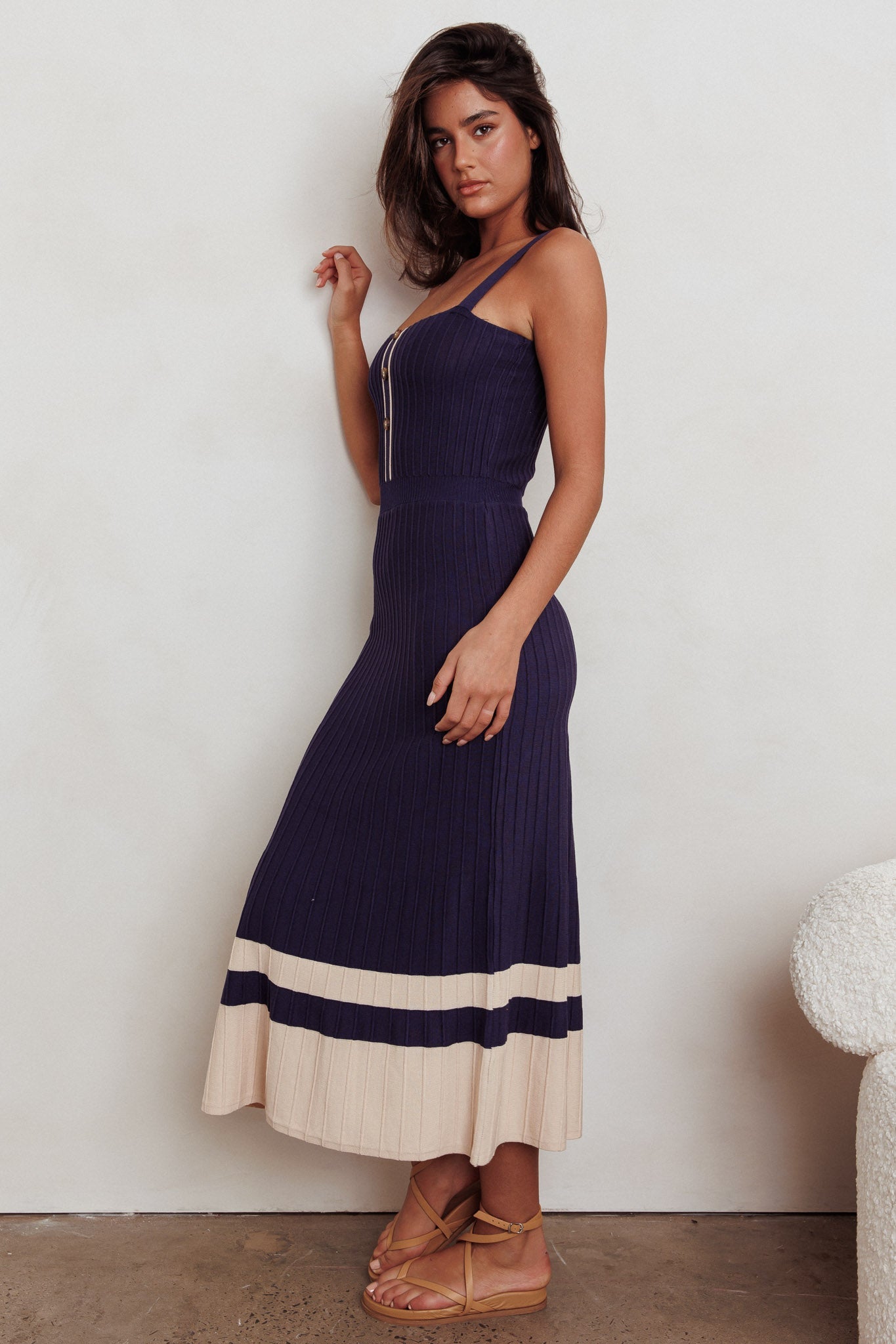 Cayla Contrast Ribbed Knit Maxi Dress Navy