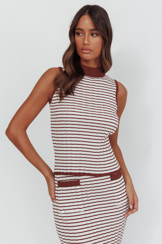 Solar Flare Sleeveless Mock Neck Top Stripe Brown/White