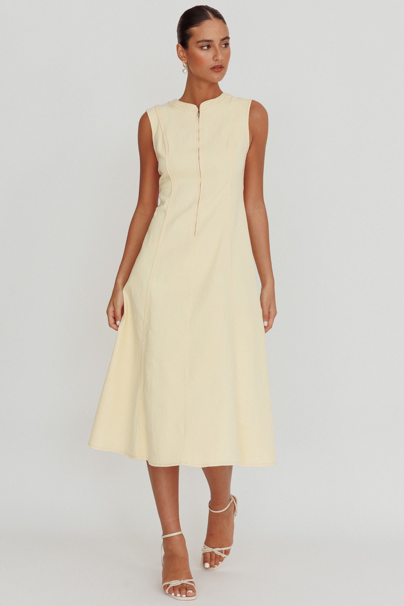 Passionate Flame Sleeveless A-line Midi Dress Beige