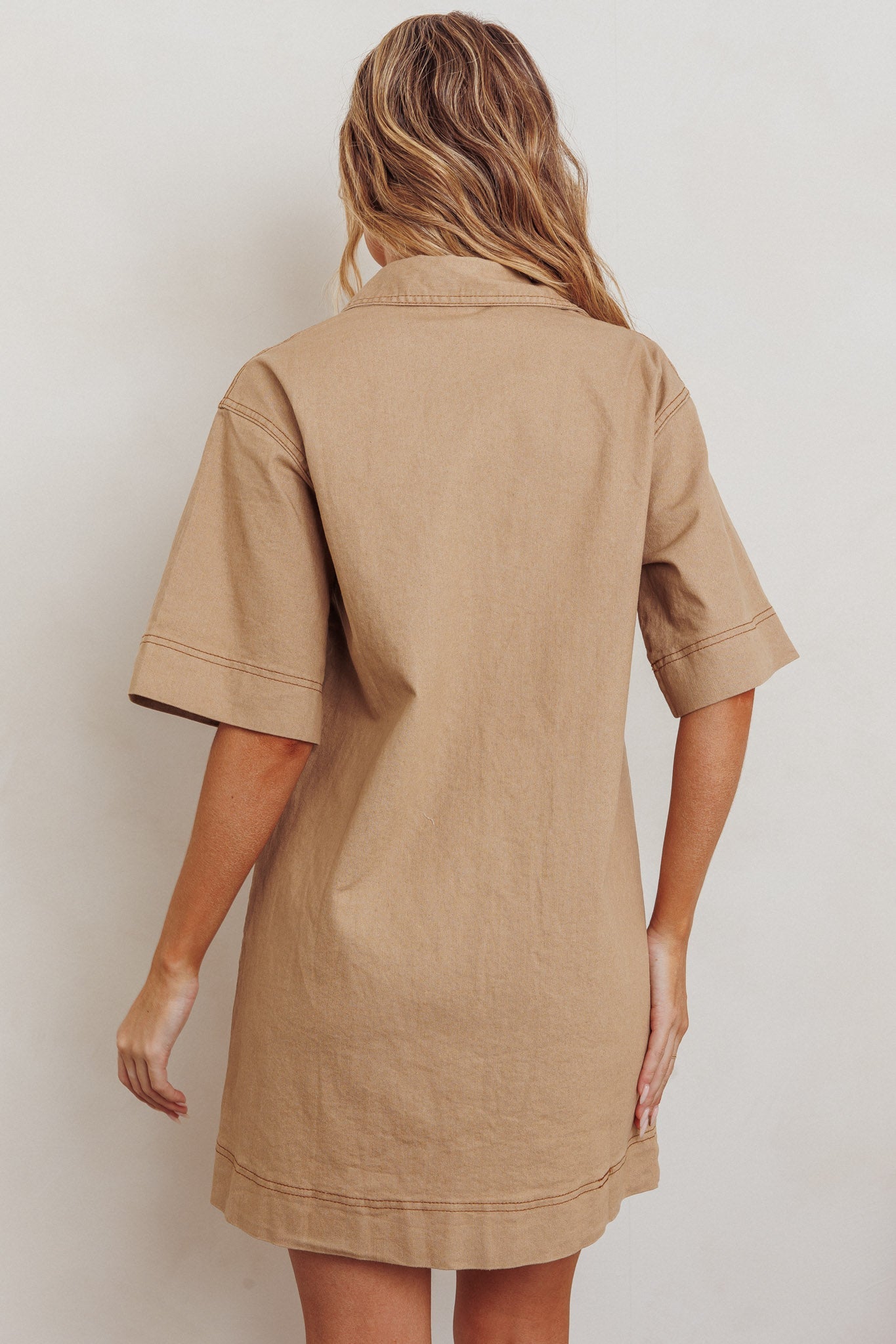 Admiration Contrast Stitching Boxy Mini Dress Beige