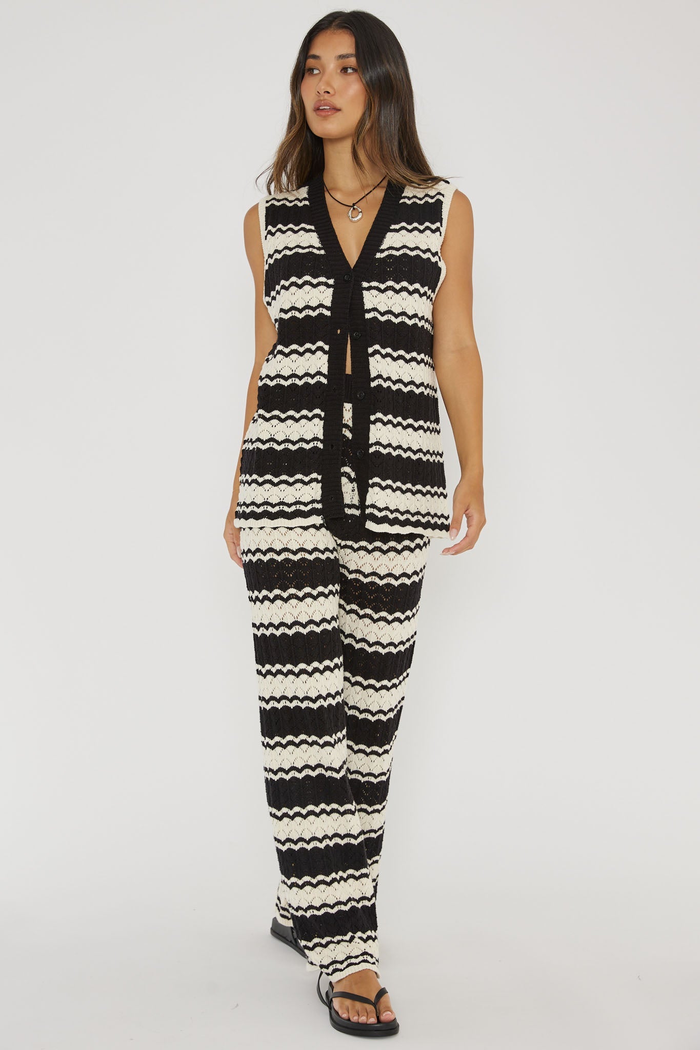 Maysah Elastic Waist Crochet Pants Black/White