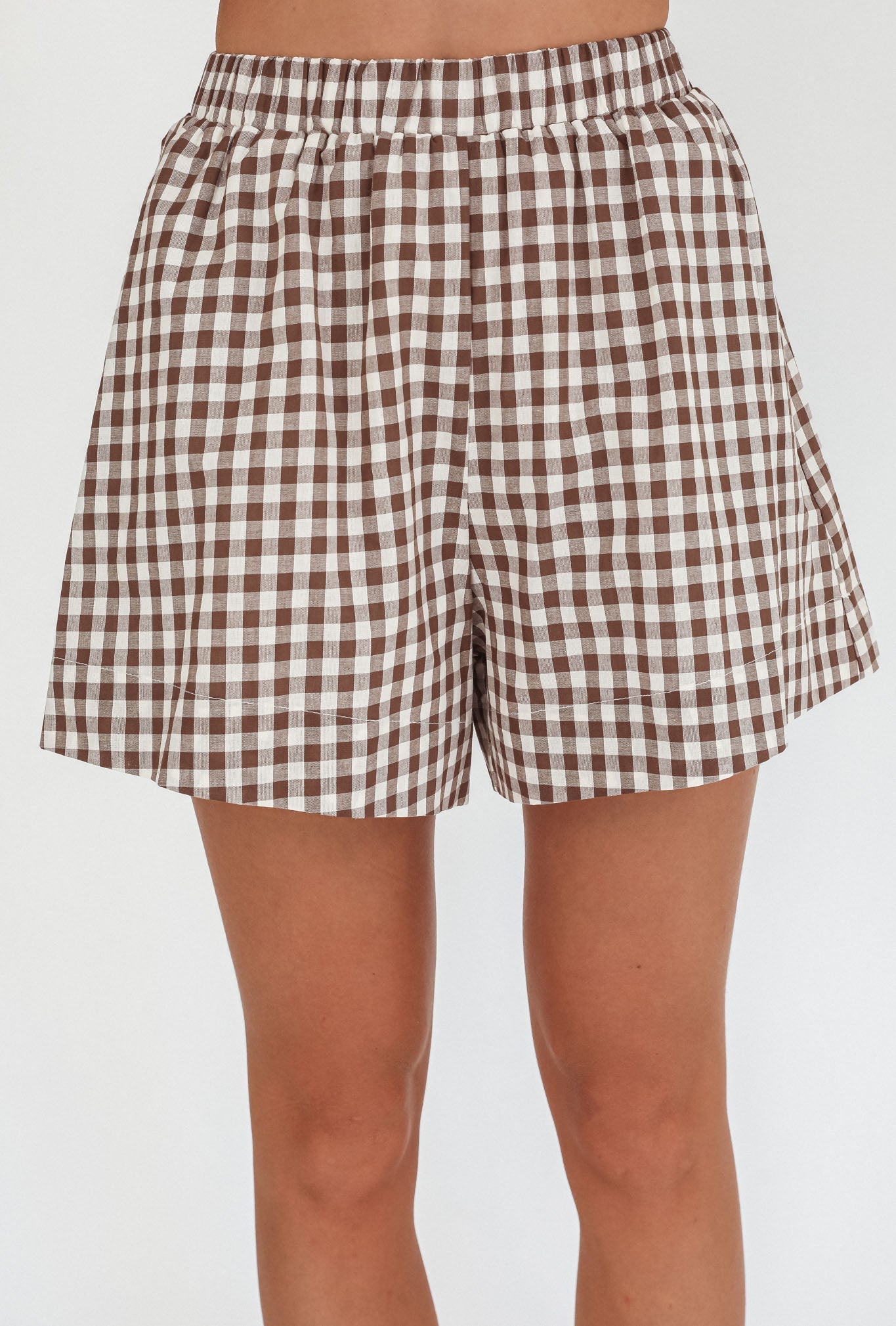 Weekends Away Elastic Waist Shorts Brown Check